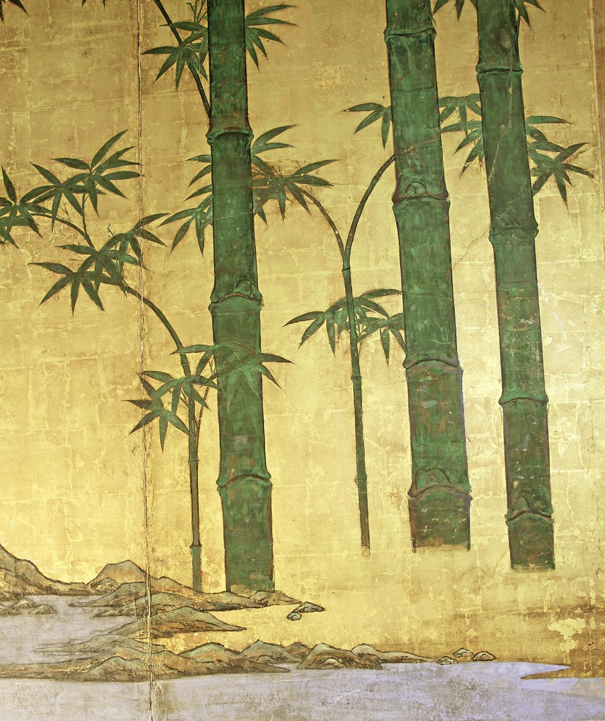 Hand-Painted Paravento Due Pannelli Bambù su Foglia d'Oro For Sale