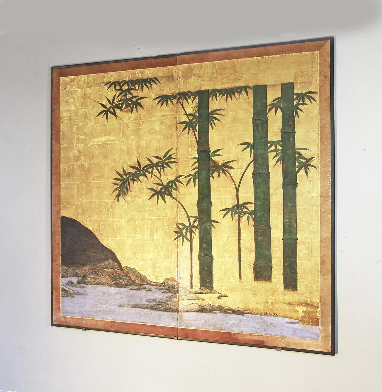 Hand-Painted Paravento Due Pannelli Bambù su Foglia d'Oro For Sale