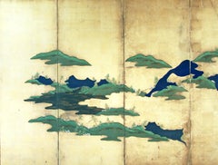 Paravento giapponese a sei pannelli dipinto su foglia d'argento