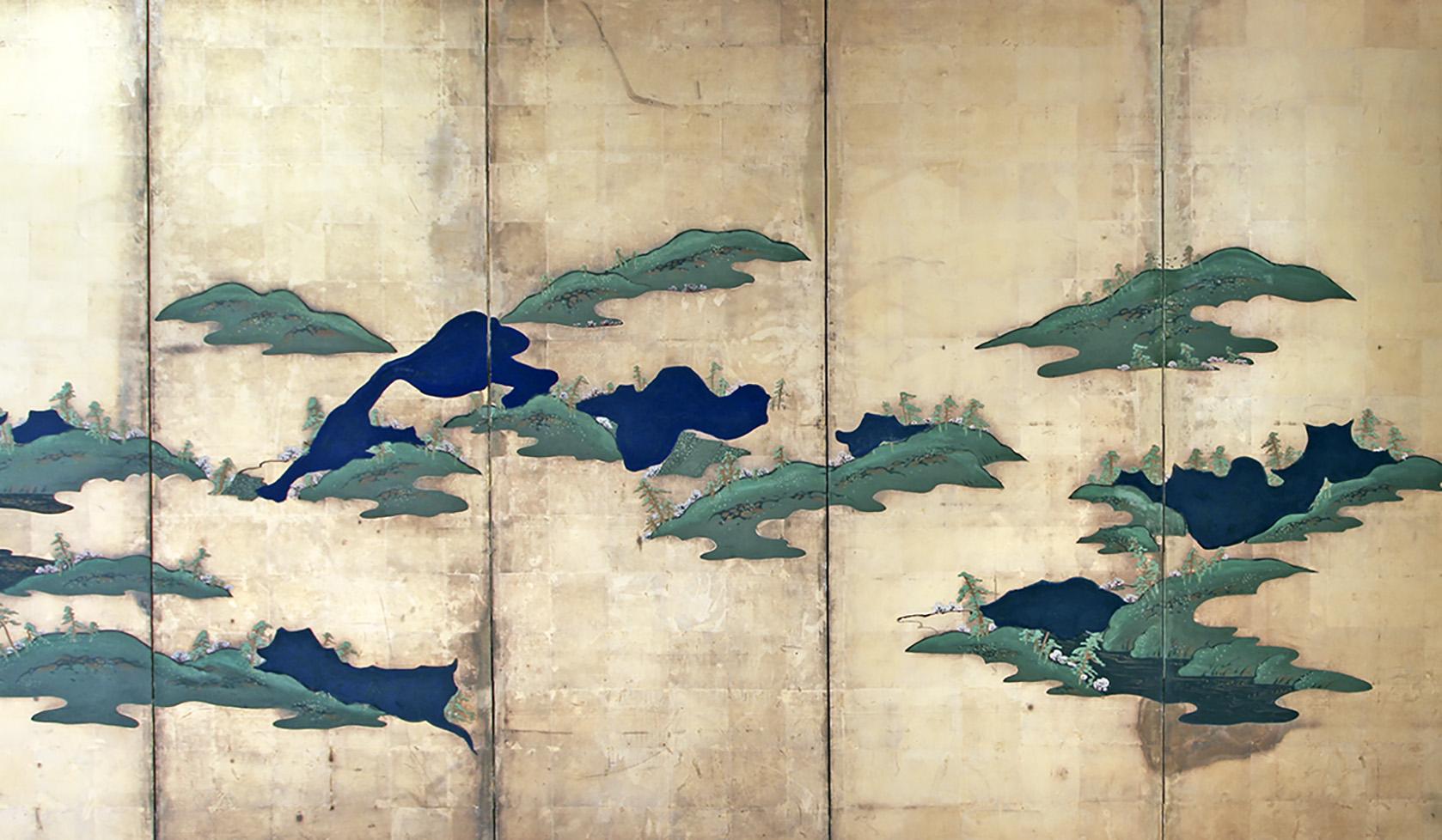Japanese Paravento giapponese a sei pannelli dipinto su foglia d'argento For Sale