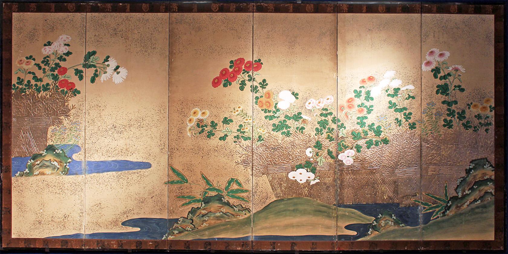 Peint à la main Écran japonais à six panneaux  en vente