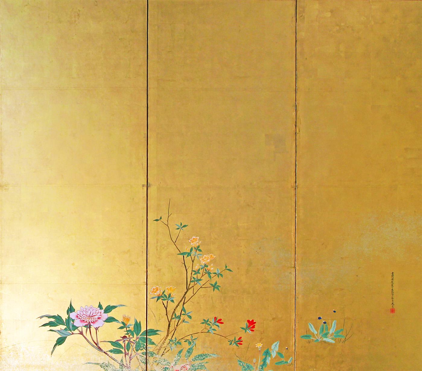 Edo Paravento Giapponese a sei pannelli su foglia d'oro. For Sale