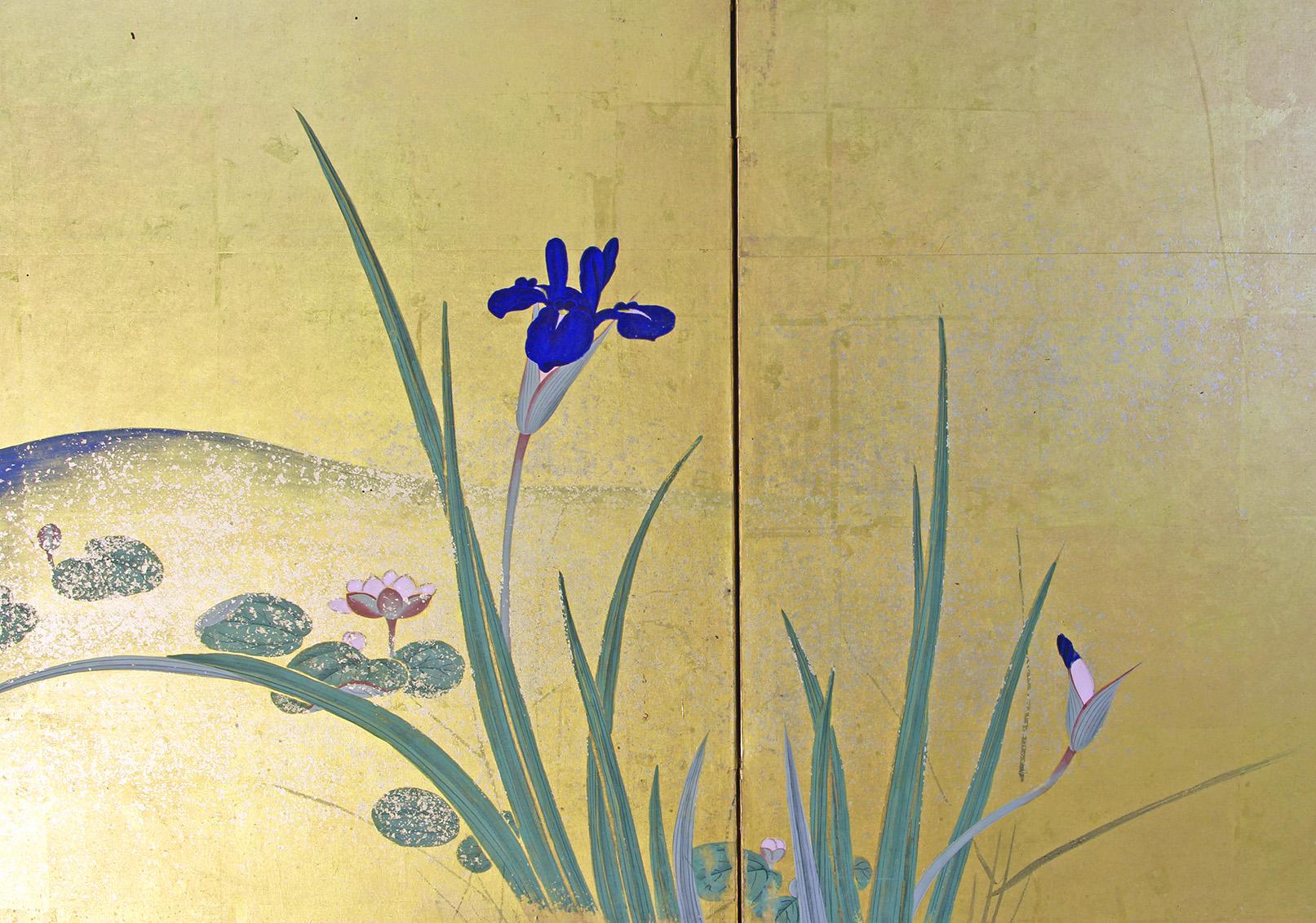 Hand-Painted Paravento Giapponese a sei pannelli su foglia d'oro. For Sale