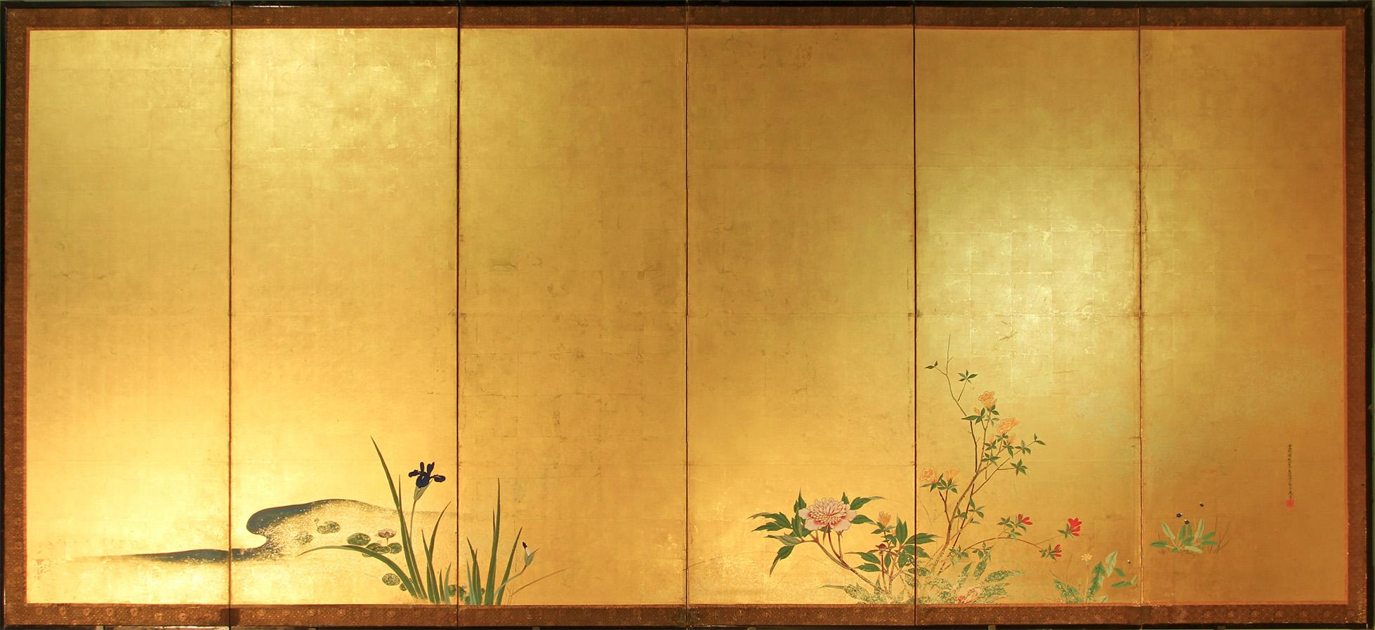 19th Century Paravento Giapponese a sei pannelli su foglia d'oro. For Sale