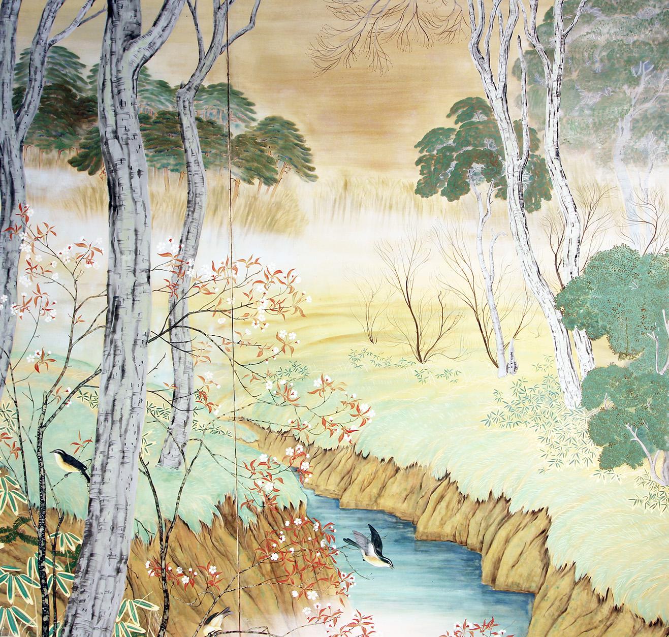 Paravento Giapponese a due pannelli della metà dello scorso secolo è raffigurante un realistico paesaggio con alberi di betulle, fiori ed uccelli nei pressi di un ruscello.
Colori tenui, ma decisi, una pennellata gradevole e sicura.
Facilmente