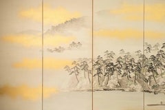Six-panel folding screen depicting a hilly landscape