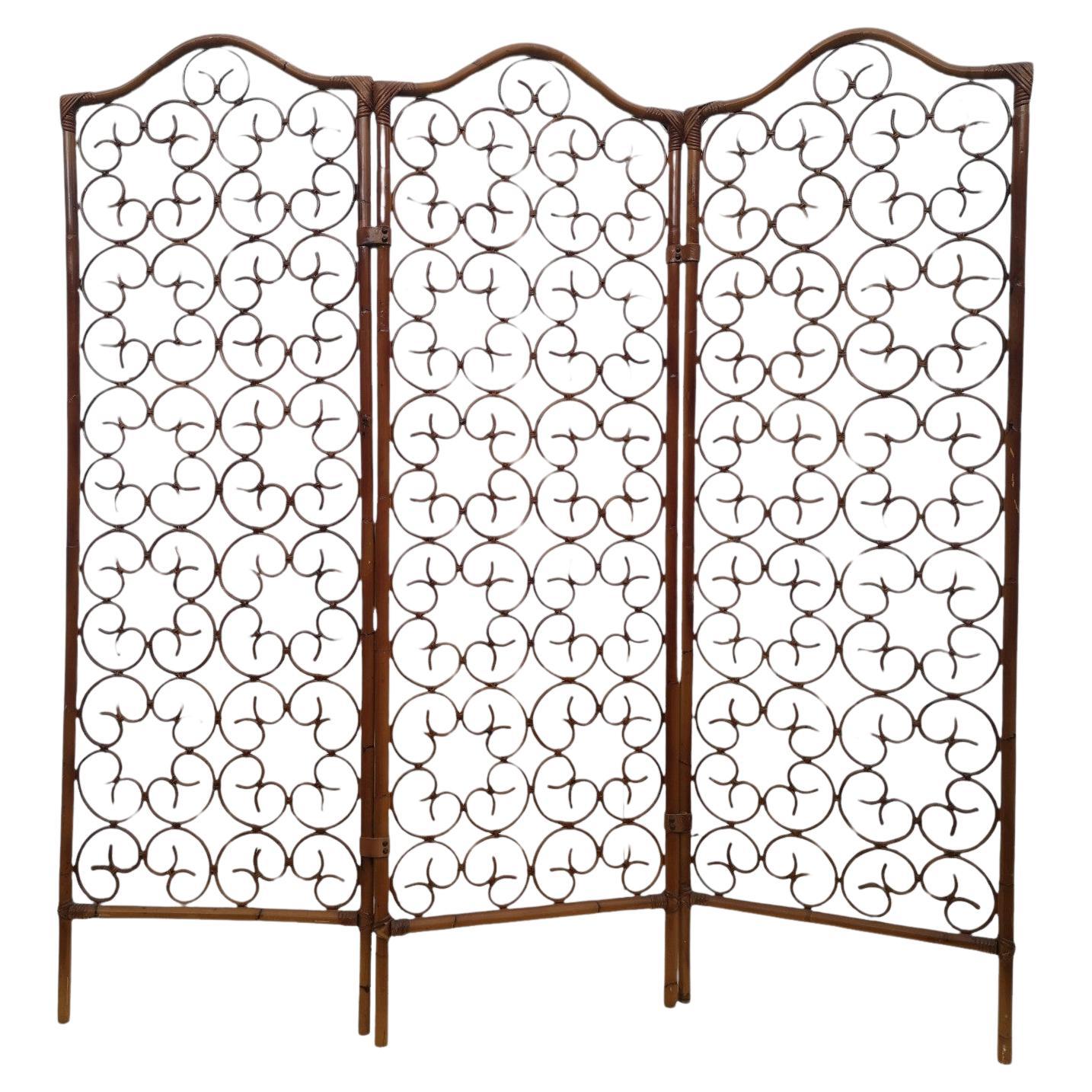 Partition Screen 3 Doors in Rattan, Bamboo and Leather 1960s