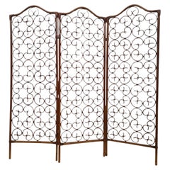 Paravent 3 portes en rotin, bambou et cuir style années 60