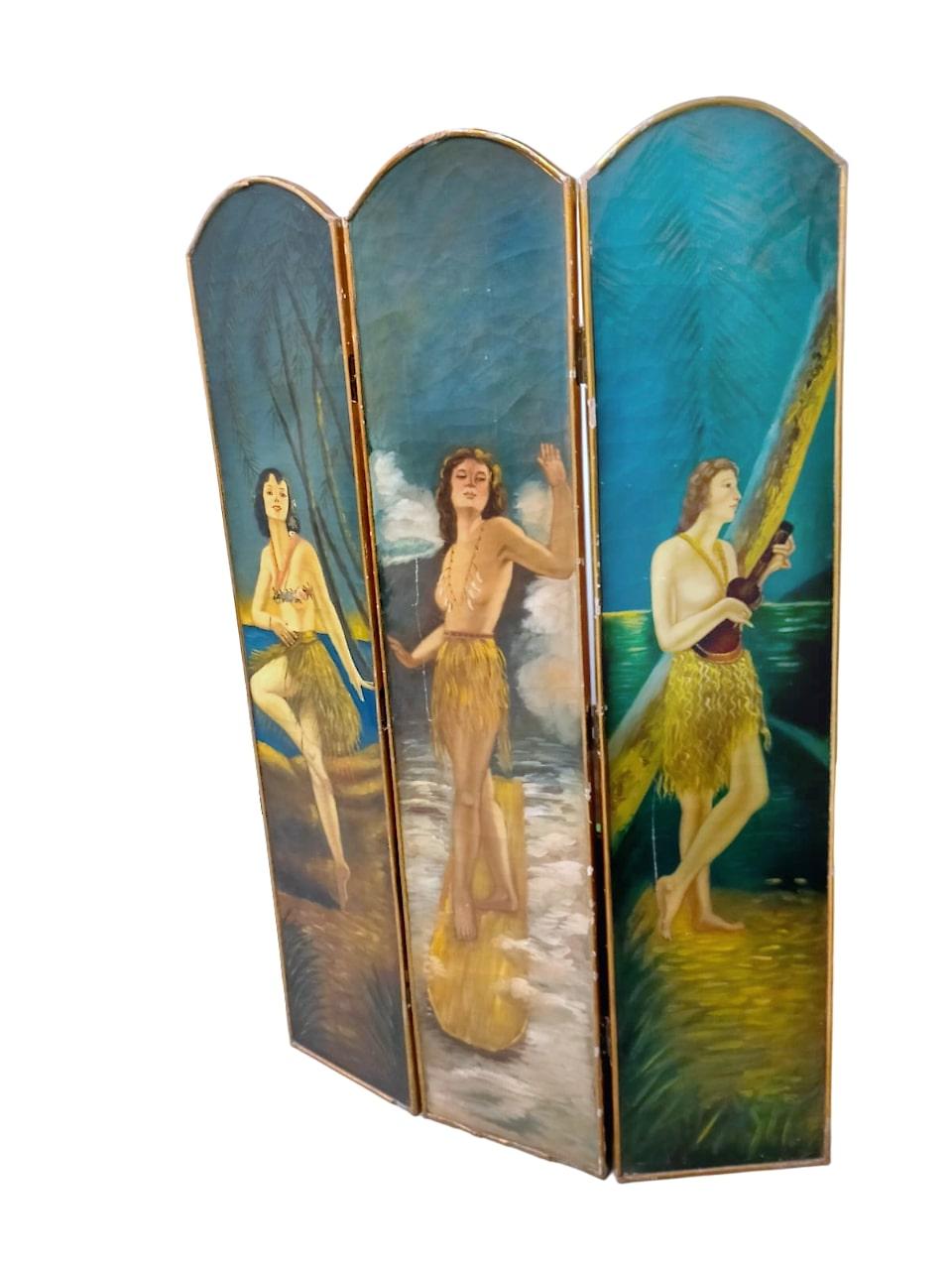 Vintage painted screen with Polynesian women, France, 1930s

Vintage painted screen with Polynesian women, France, 1930s, nice size.
Gorgeous French separé dating from the early 1900s (1930s/40s). The tempera painting depicts Polynesian women