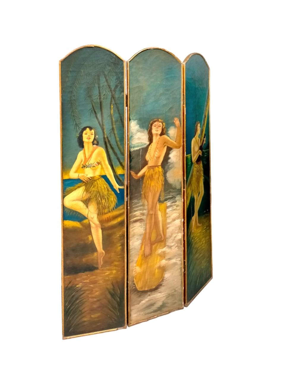 Italian Vintage painted screen with Polynesian women, France, 1930s For Sale
