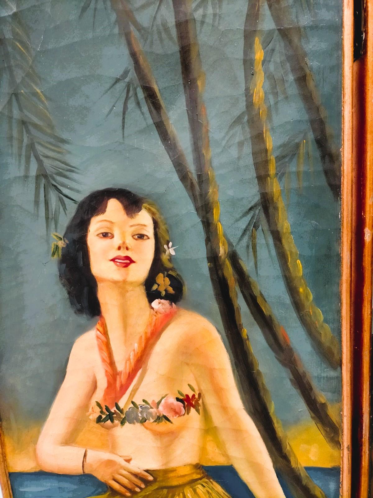 Hand-Painted Vintage painted screen with Polynesian women, France, 1930s For Sale