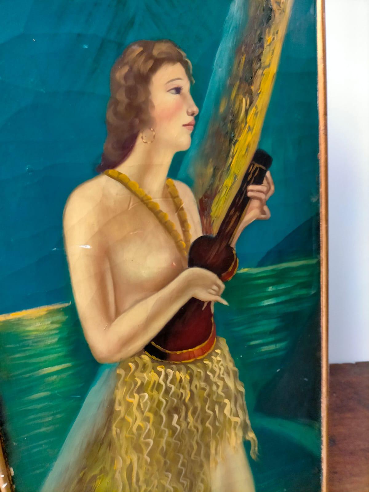 Vintage painted screen with Polynesian women, France, 1930s In Good Condition For Sale In Cesena, FC