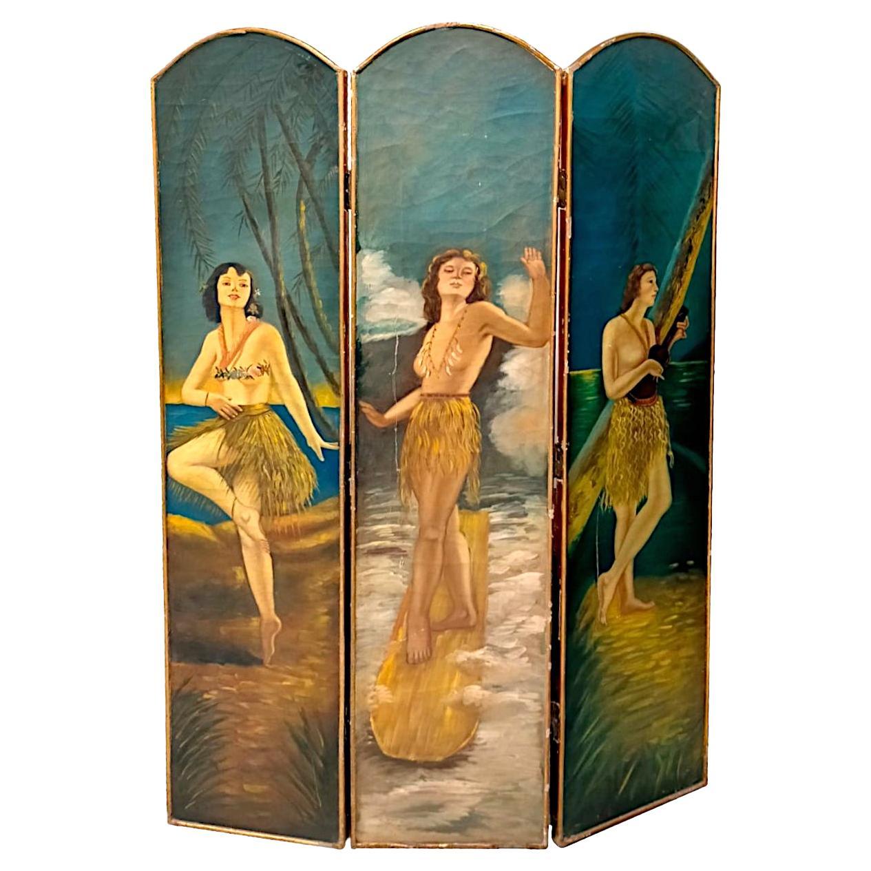 Biombo vintage pintado con mujeres polinesias, Francia, años 30