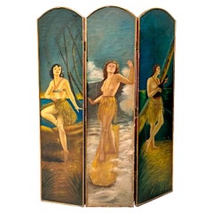 Vintage painted screen with Polynesian women, France, 1930s