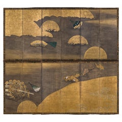 Paravents - A pair of six-fold screens with fans in flowing water, Rimpa School