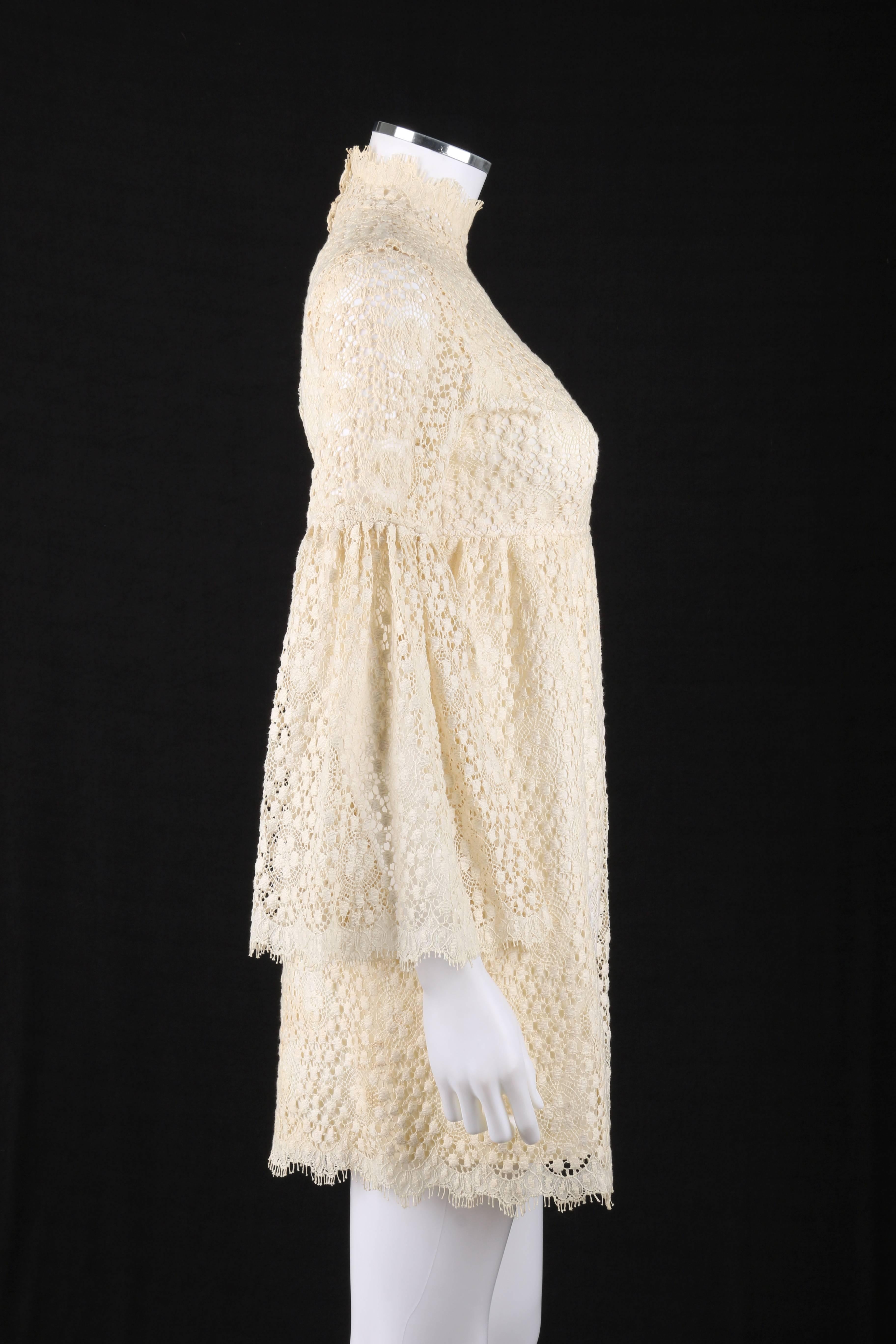 Beige PARC JRS Petite c.1960's Cream Floral Crochet Lace Flounce Sleeve Babydoll Dress