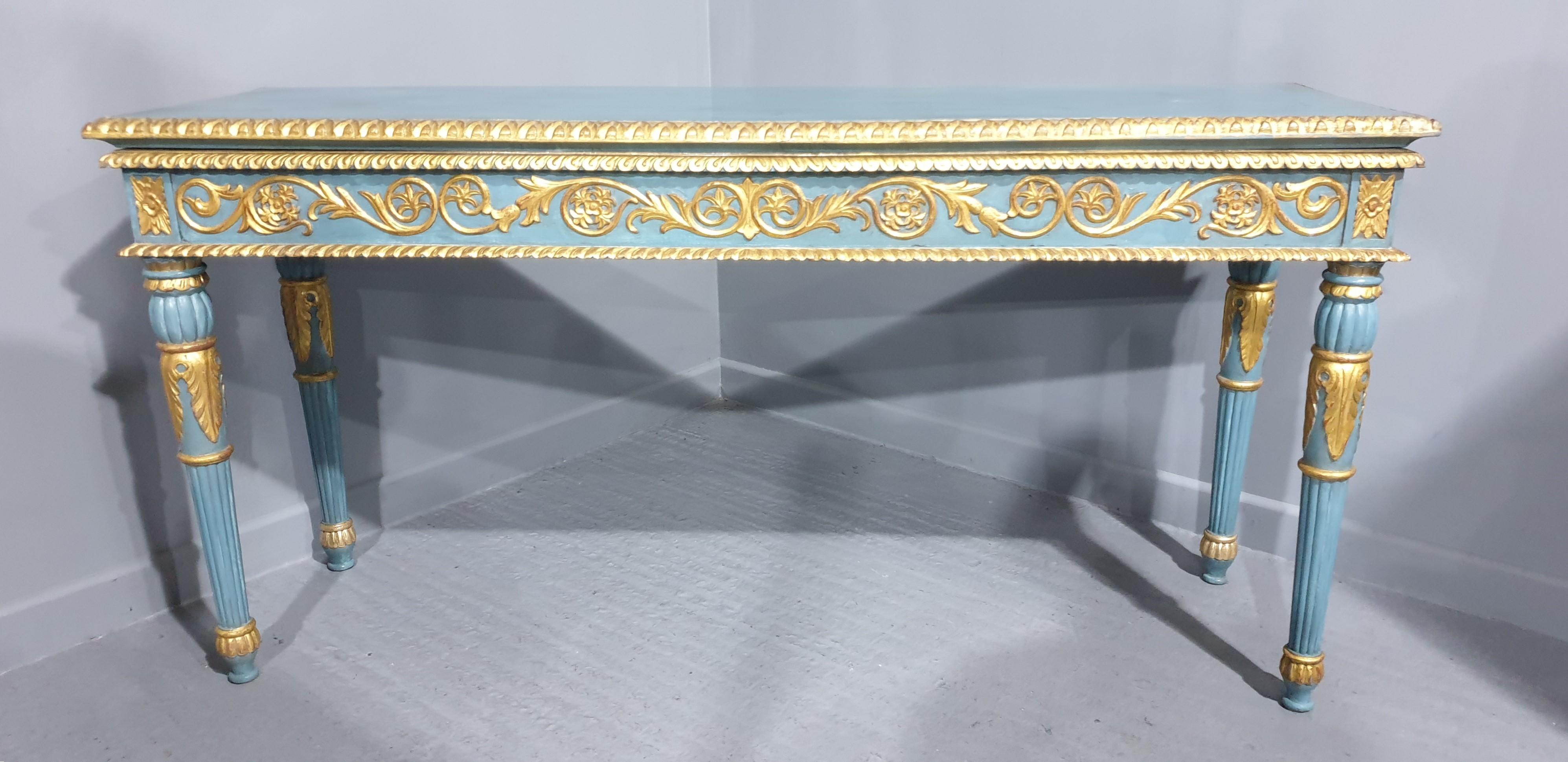 A very good large  blue and parcel gilded hall console table,very crisp carvings, in great condition.
