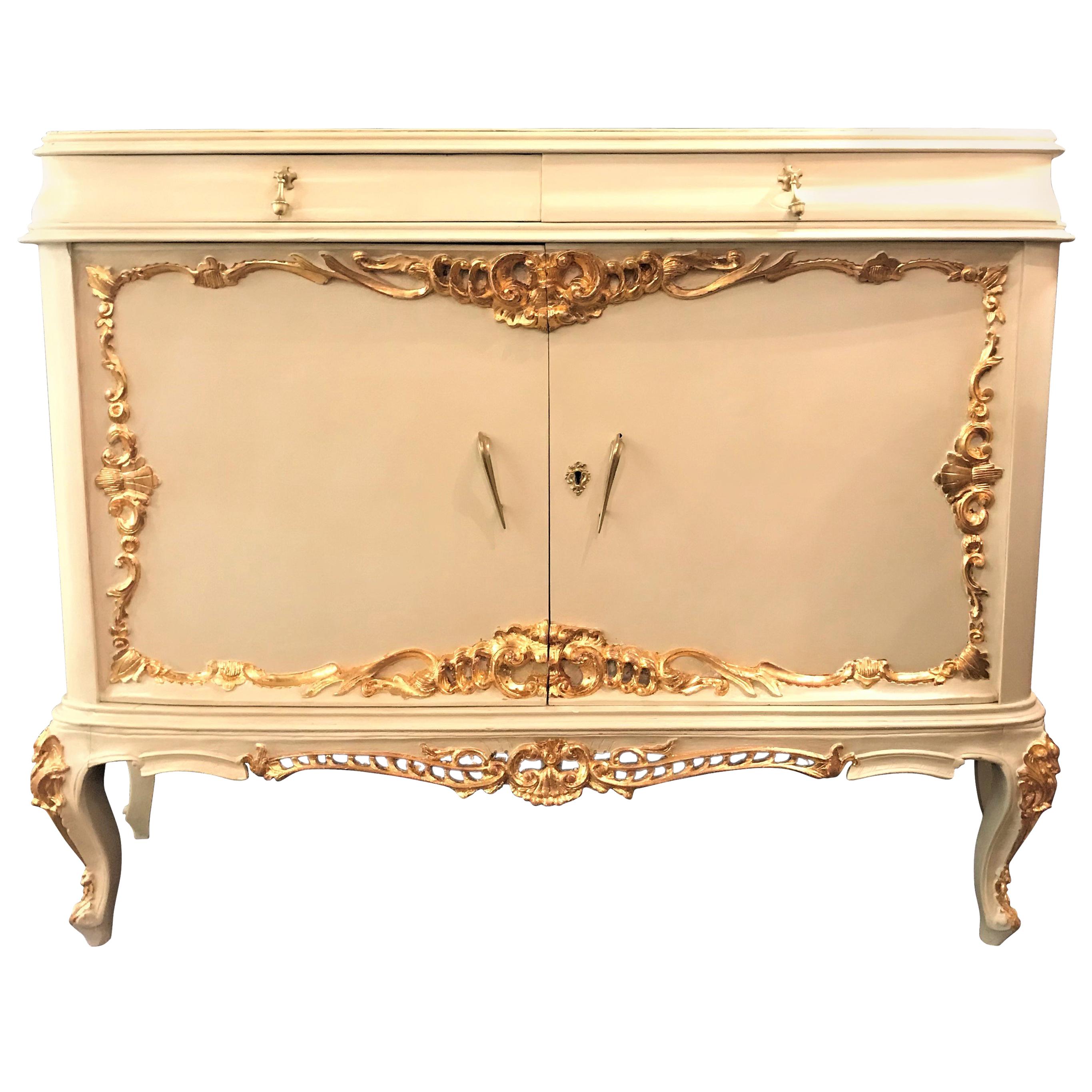 Parcel-Gilt and Paint Decorated Two-Drawer and Two-Door Louis XV Style Cabinet