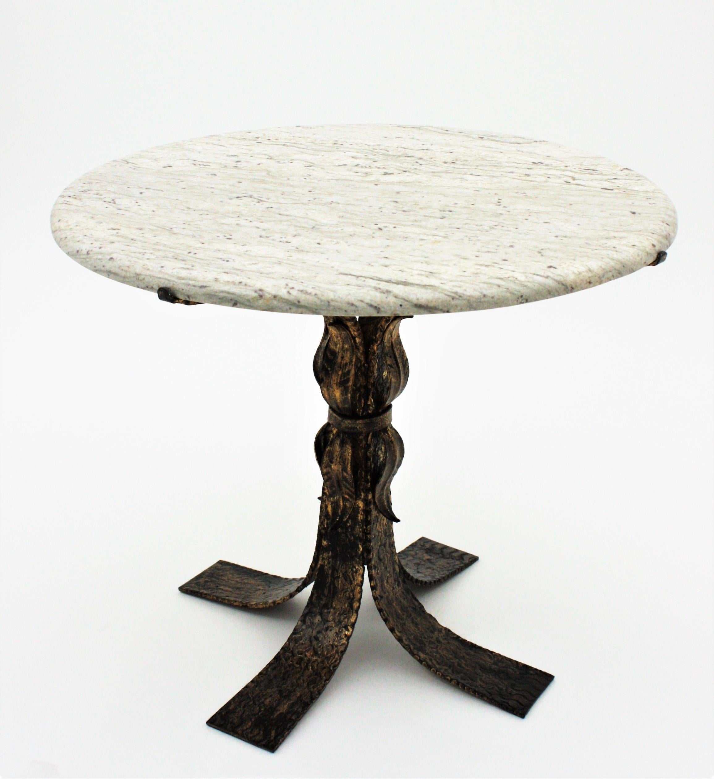 Spanish Parcel-Gilt Iron Round Coffee Table with White Marble Top