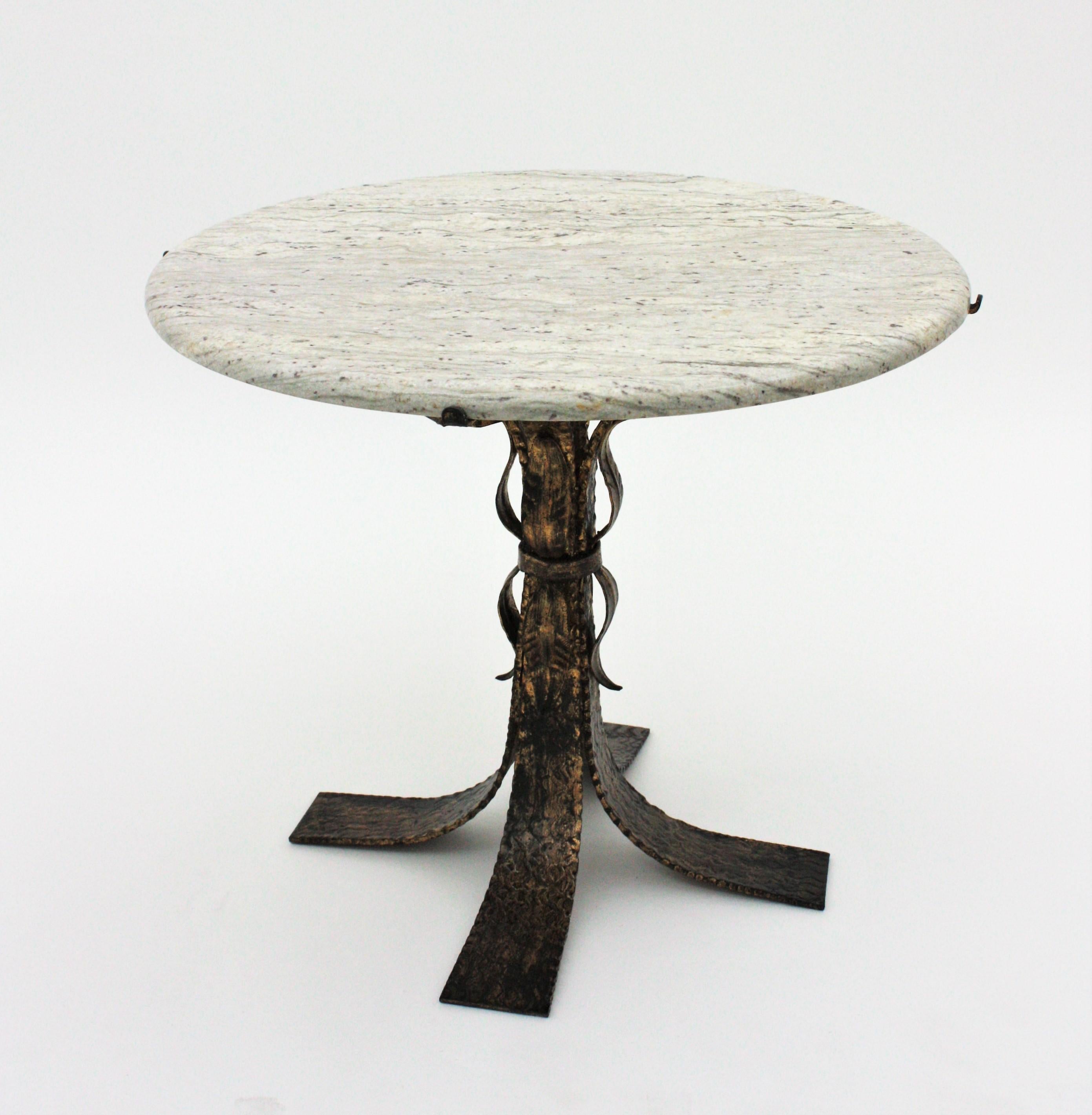 20th Century Parcel-Gilt Iron Round Coffee Table with White Marble Top