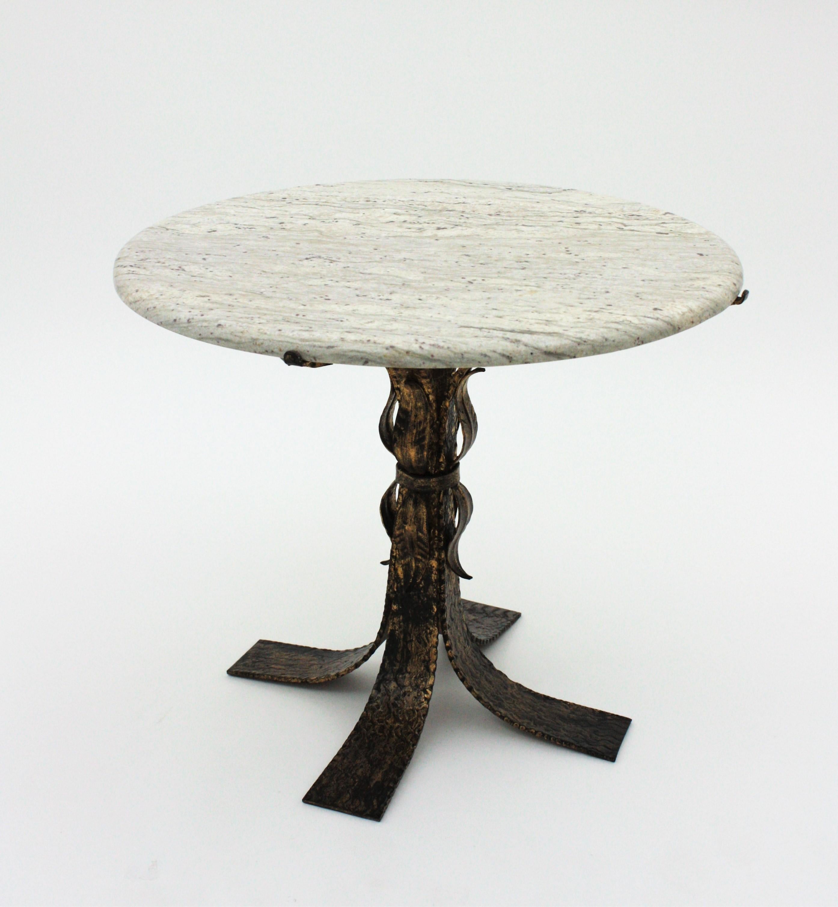 Parcel-Gilt Iron Round Coffee Table with White Marble Top 1