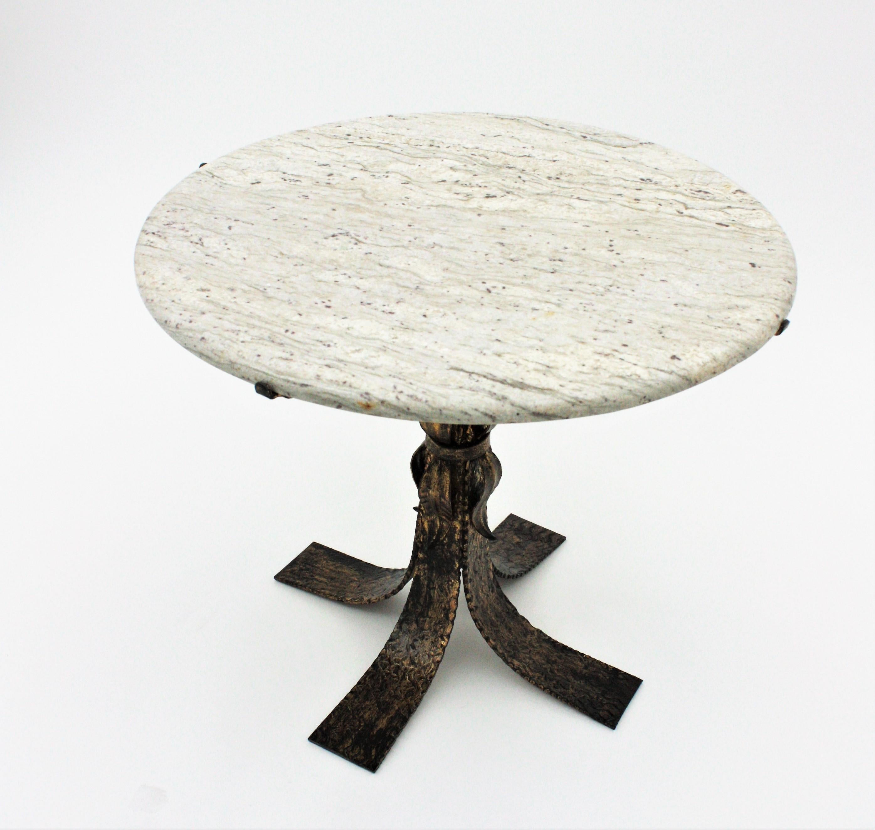 Parcel-Gilt Iron Round Coffee Table with White Marble Top 2