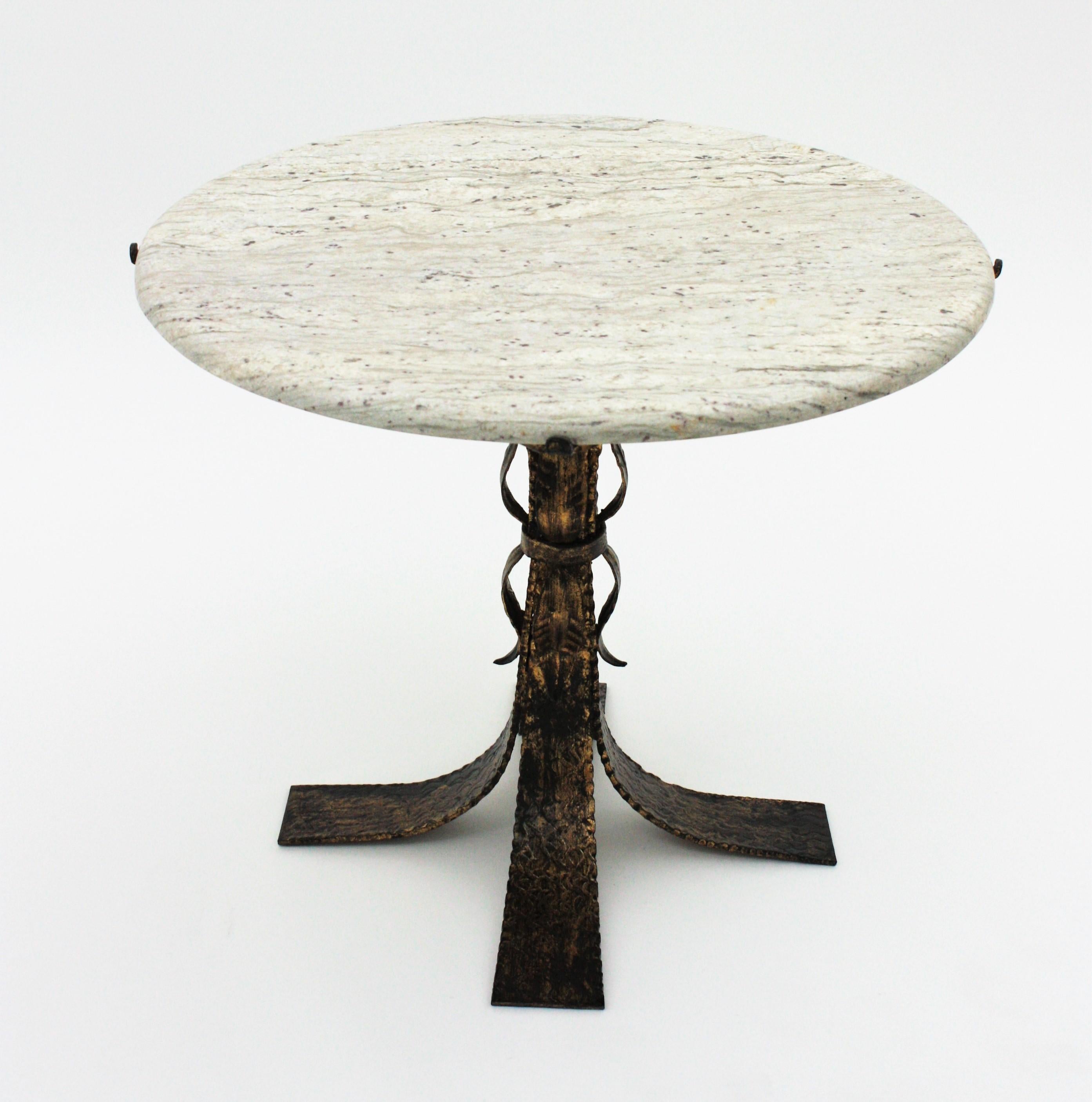 Parcel-Gilt Iron Round Coffee Table with White Marble Top 4