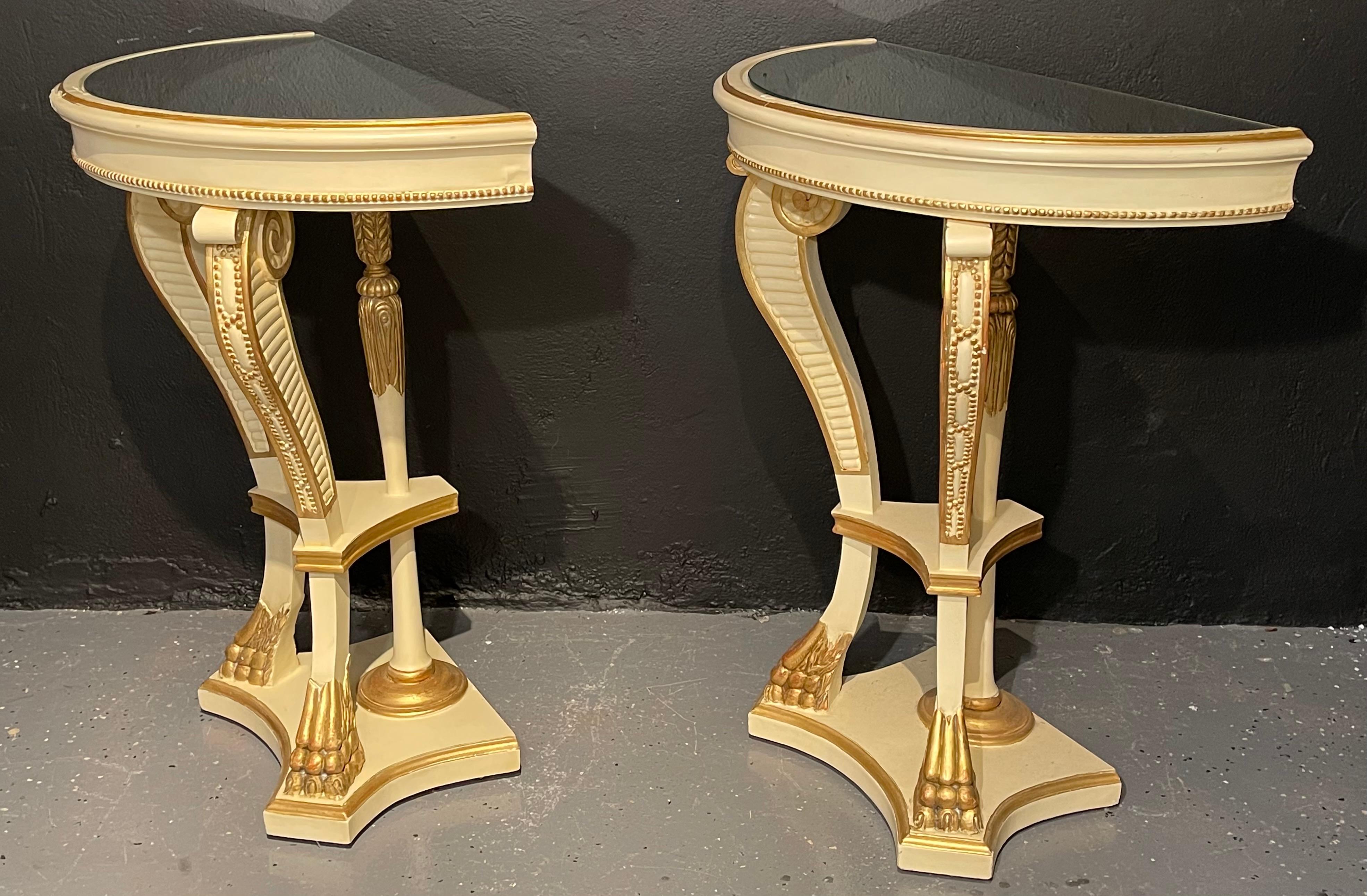 Parcel-Gilt Painted Demilune Console Tables, a Pair, Neoclassical  5