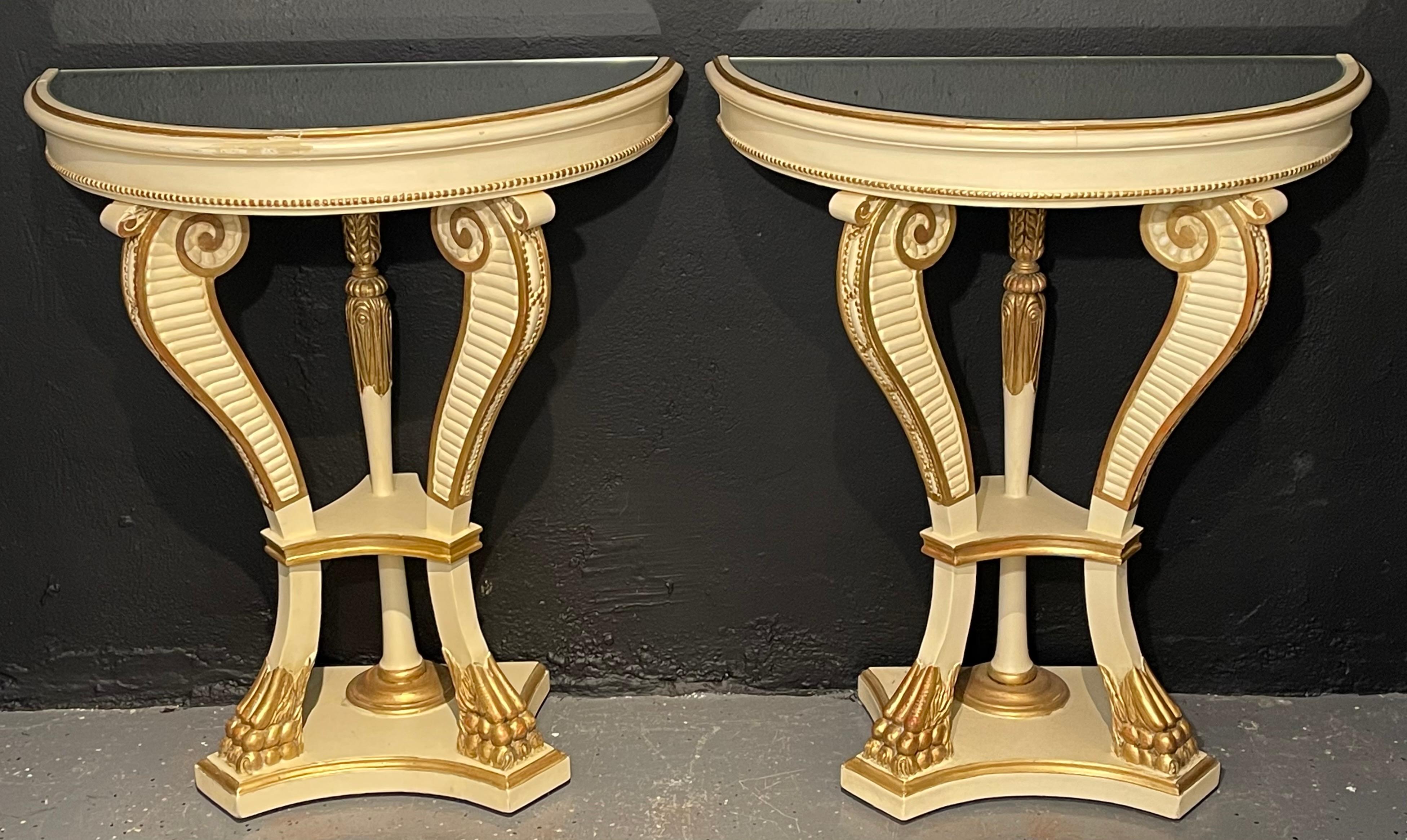 Parcel-Gilt Painted Demilune Console Tables, a Pair, Neoclassical  In Good Condition In Stamford, CT