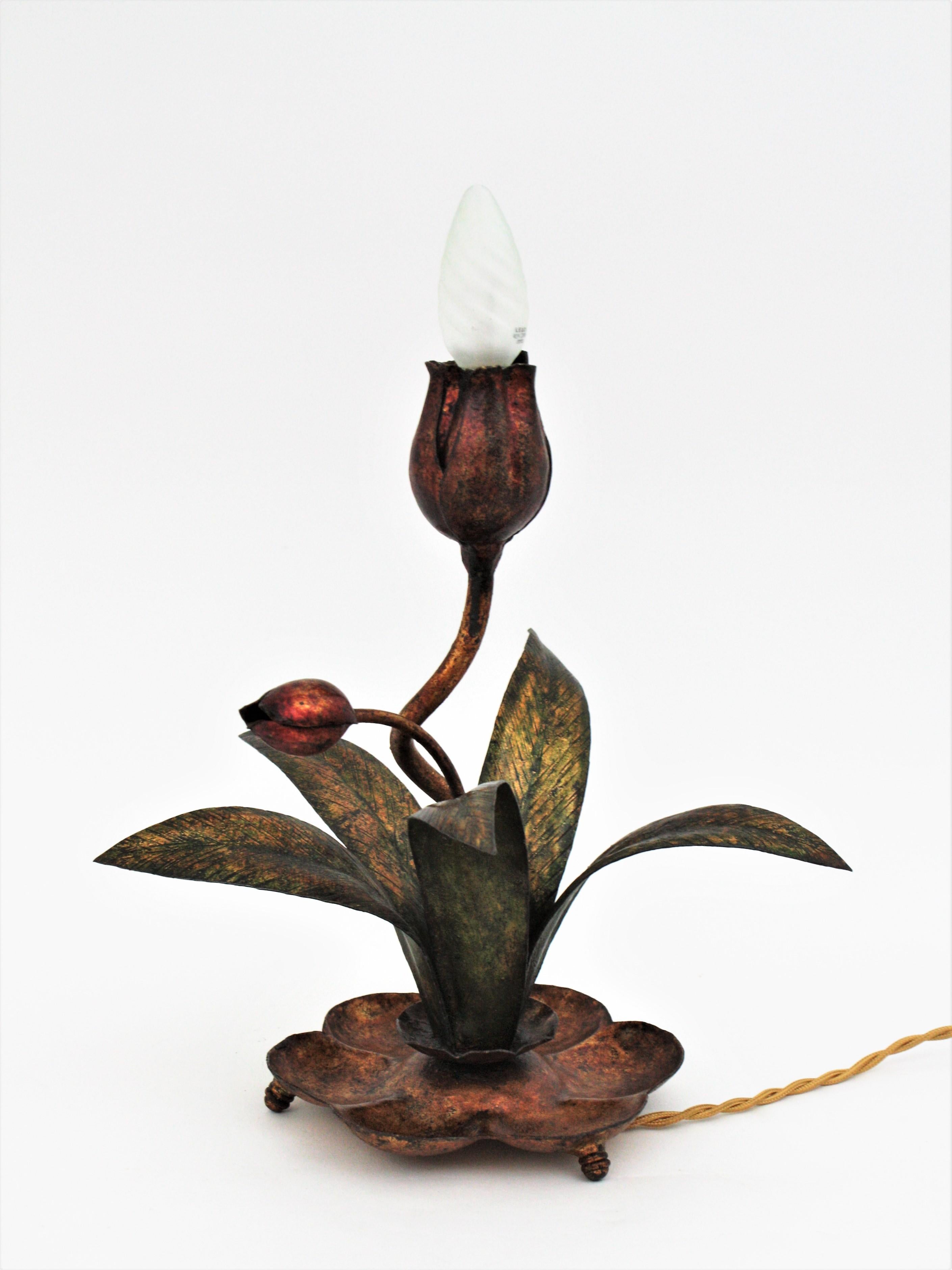 Art Nouveau Foliage Floral Table Lamp in Parcel Gilt Polychrome Iron For Sale