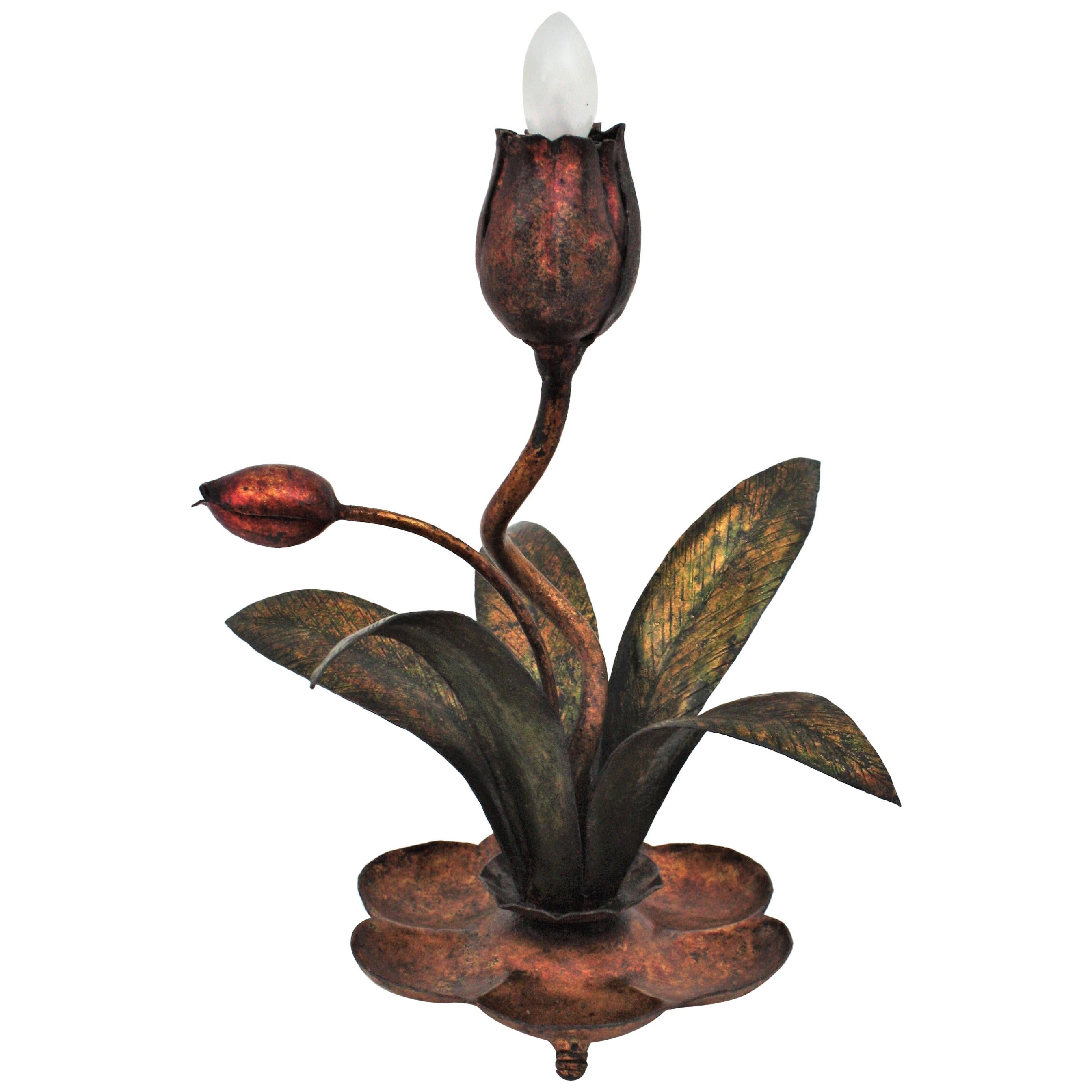 Foliage Floral Table Lamp in Parcel Gilt Polychrome Iron For Sale