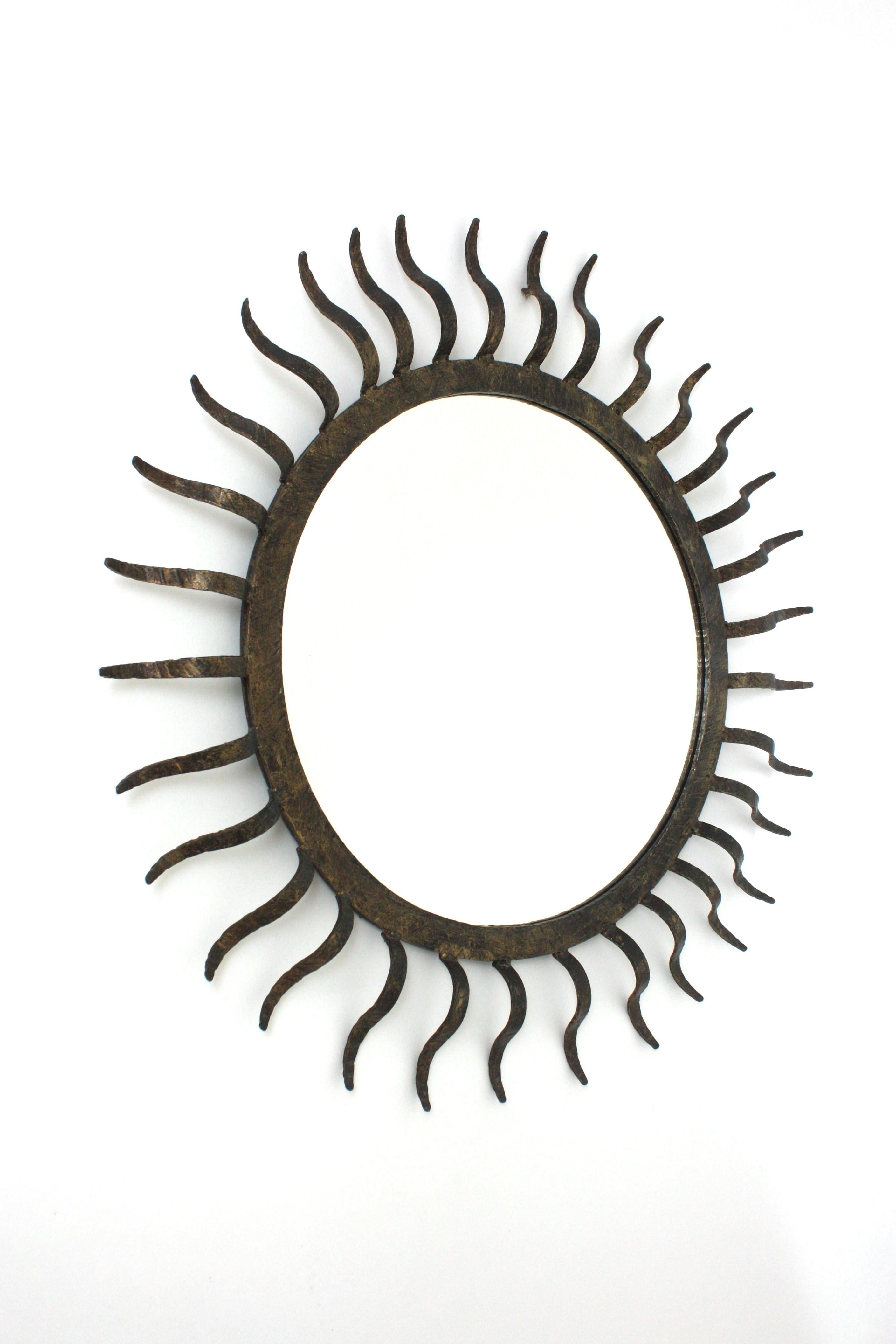 Brutalist Parcel Gilt Sunburst Mirror in the Style of Gilbert Poillerat For Sale