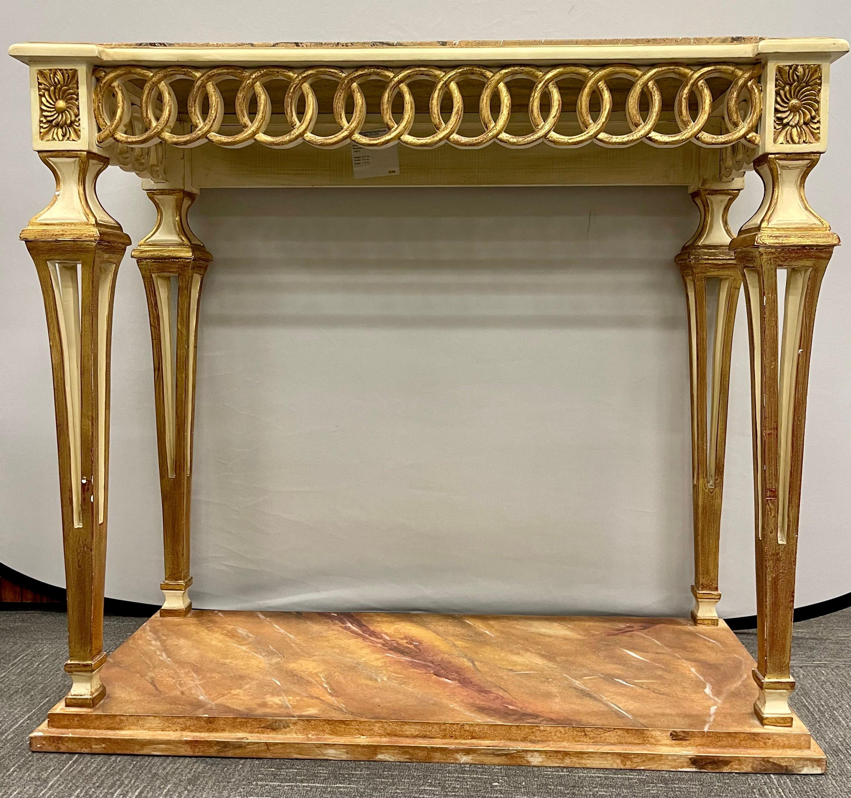 Stunning pair of parcel paint and gilt decorated Swedish serving or console tables each having a grained marble top. The faux marble base leading to a set of paint and gilt decorated pierced open carved legs terminating in carved rosette gilt