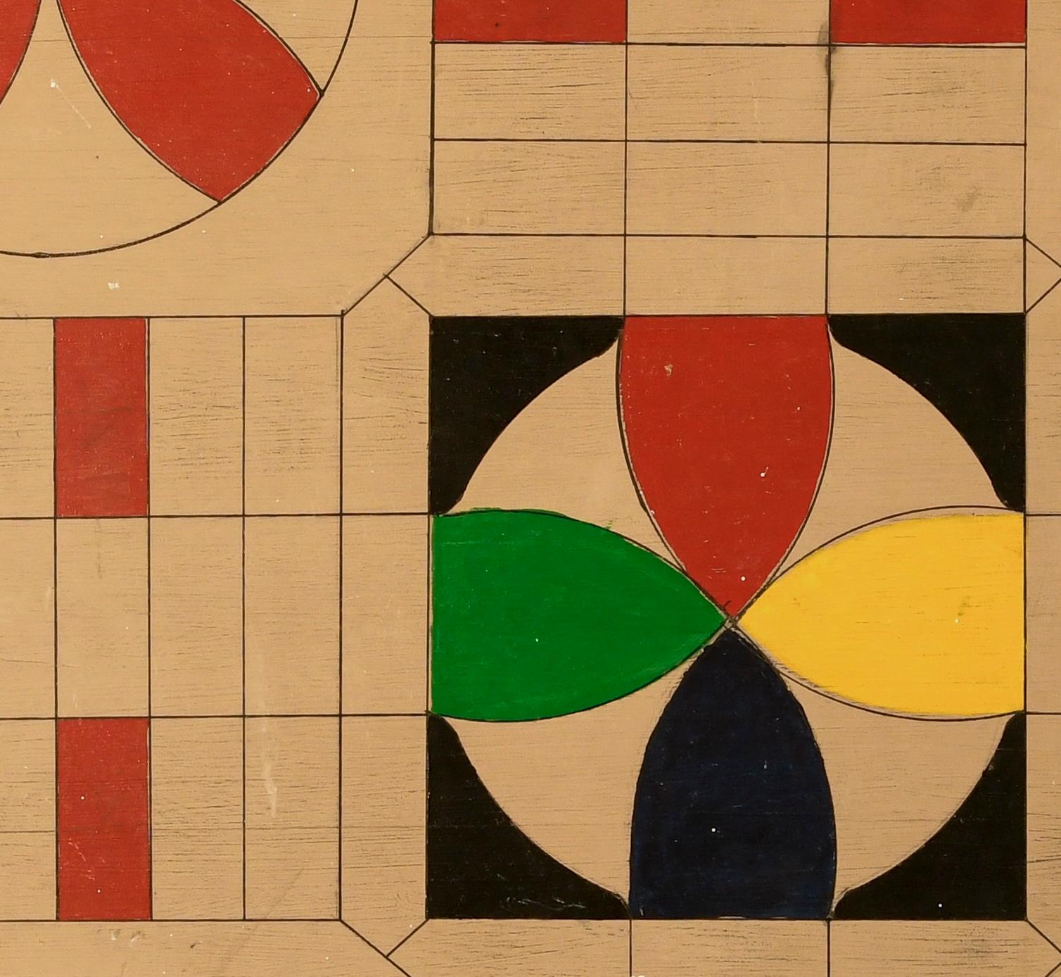Plateau de jeu de Parcheesi avec peinture originale verte, noire, jaune et rouge sur fond de mastic. Contreplaqué. Du début au milieu du XXe siècle.

L 24