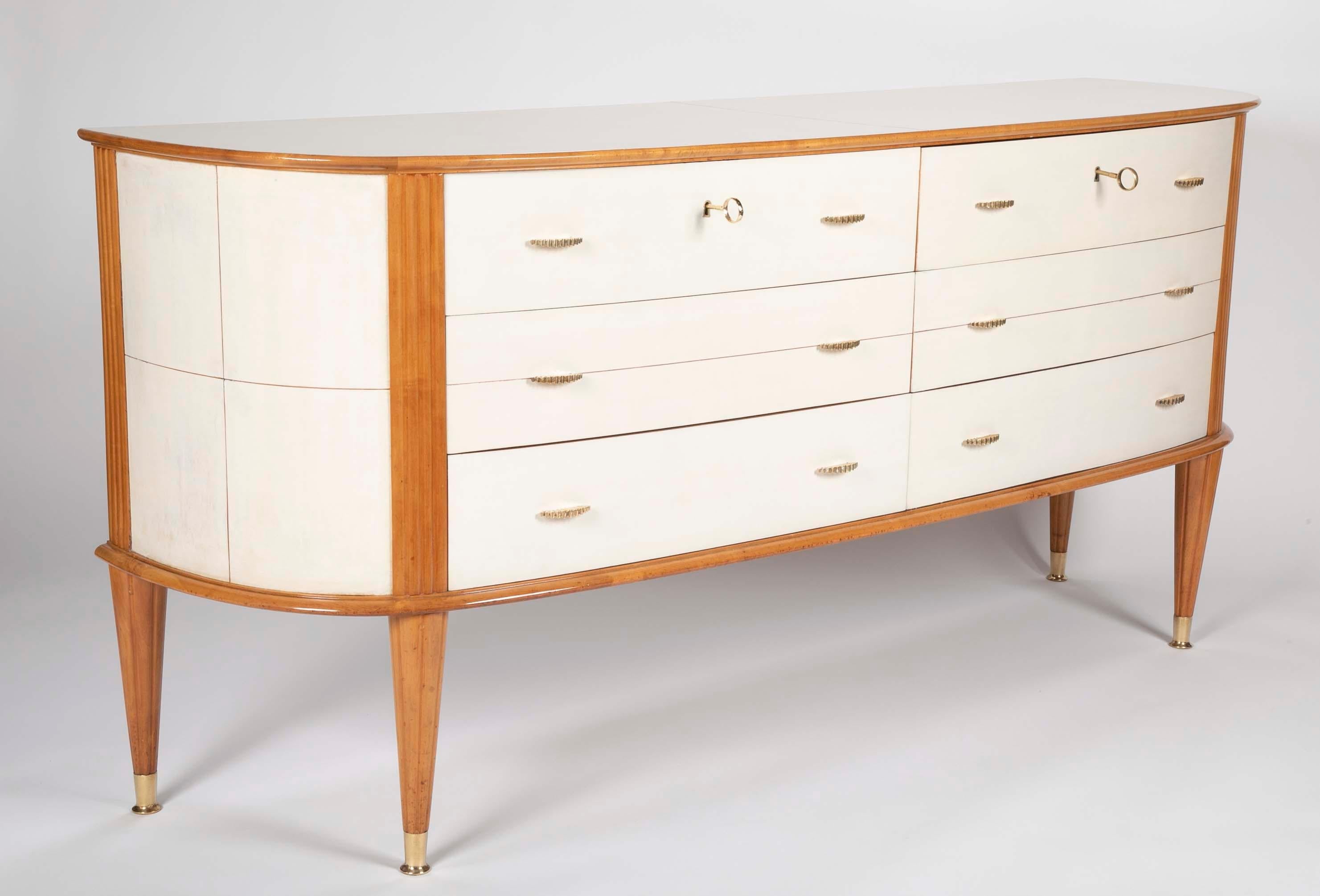 Art Deco Parchment and Beechwood Italian Chest with Polished Brass Mounts