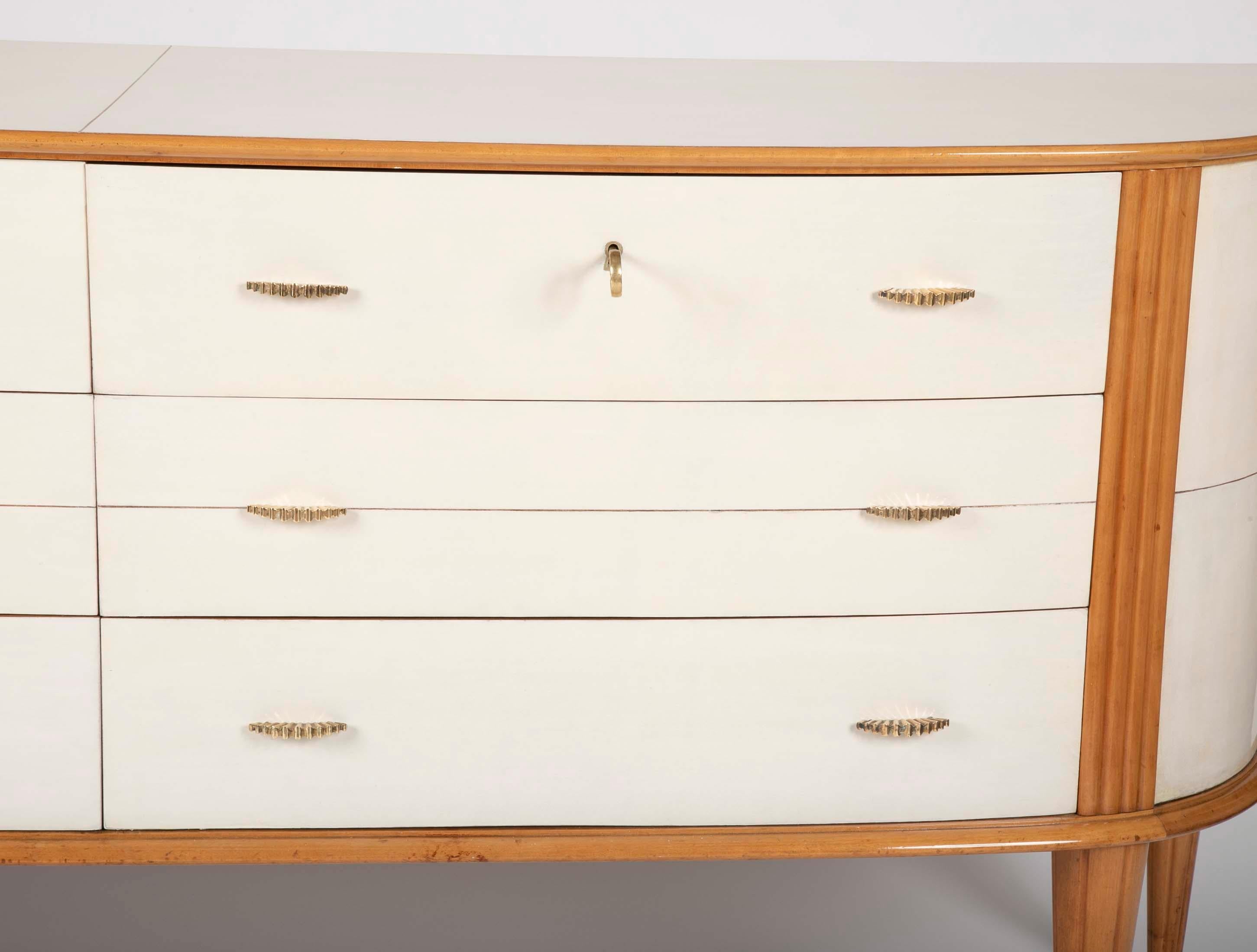 Mid-20th Century Parchment and Beechwood Italian Chest with Polished Brass Mounts