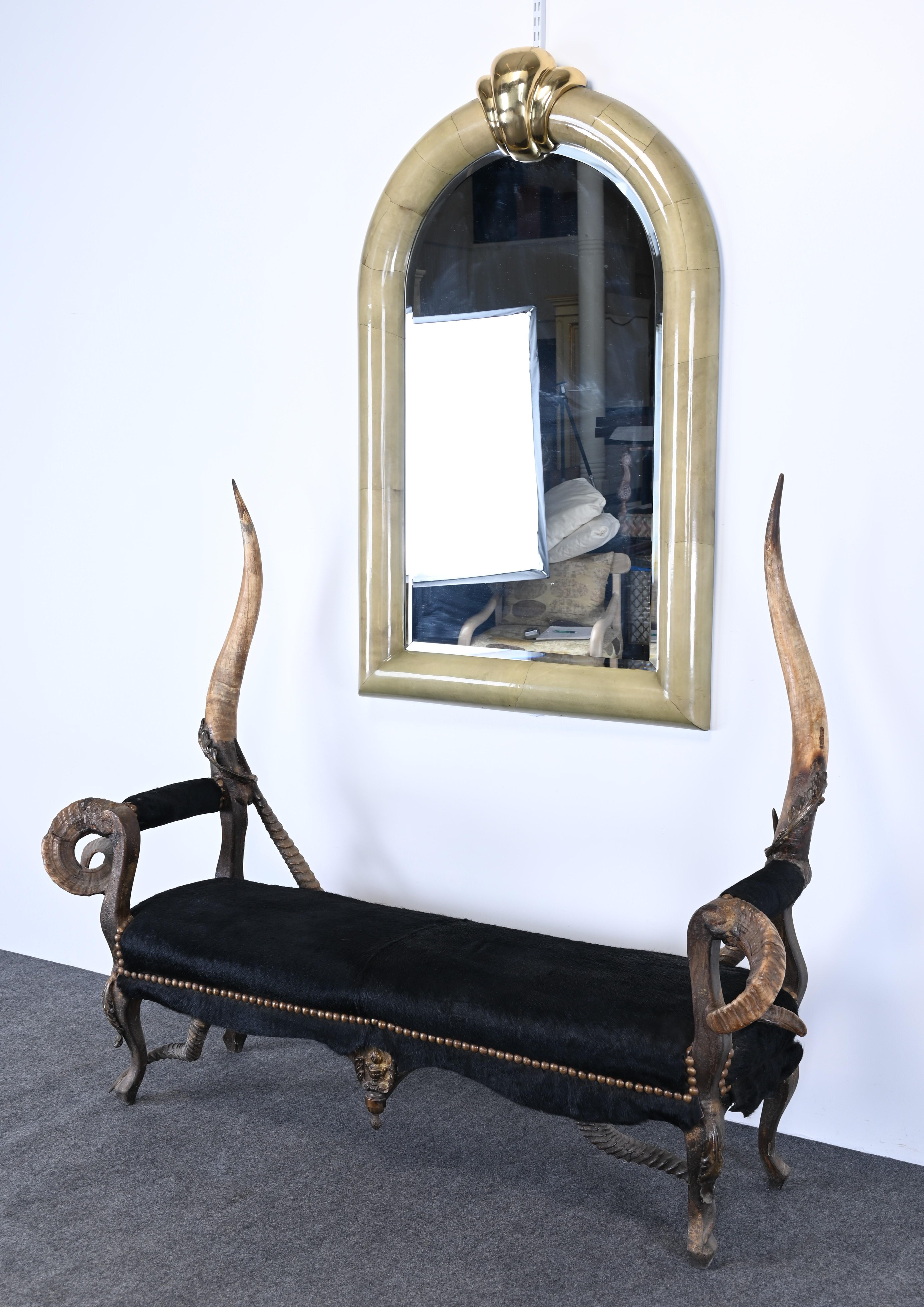Mid-Century Modern Parchment and Brass Mirror in the Style of Karl Springer, 1980s