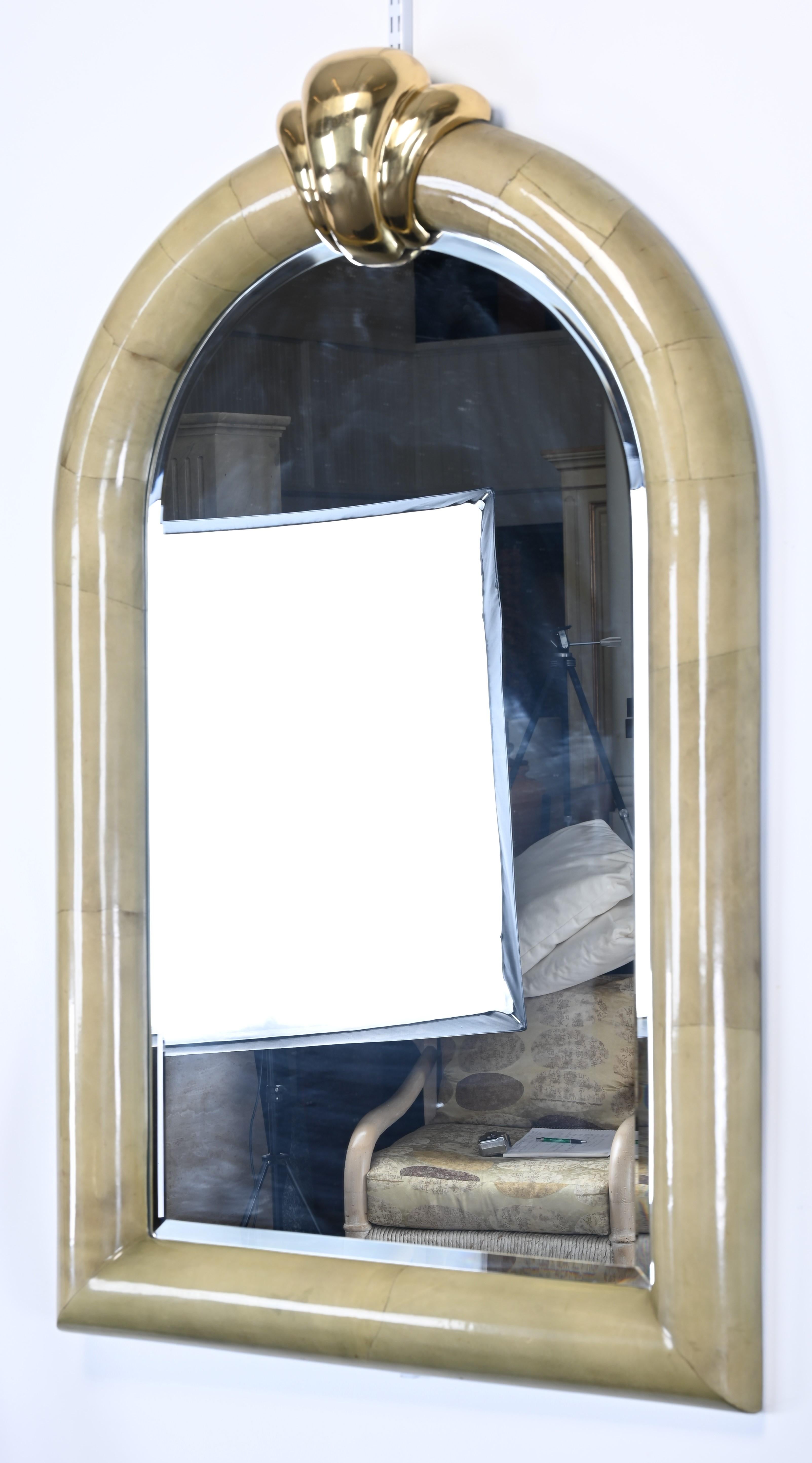 North American Parchment and Brass Mirror in the Style of Karl Springer, 1980s