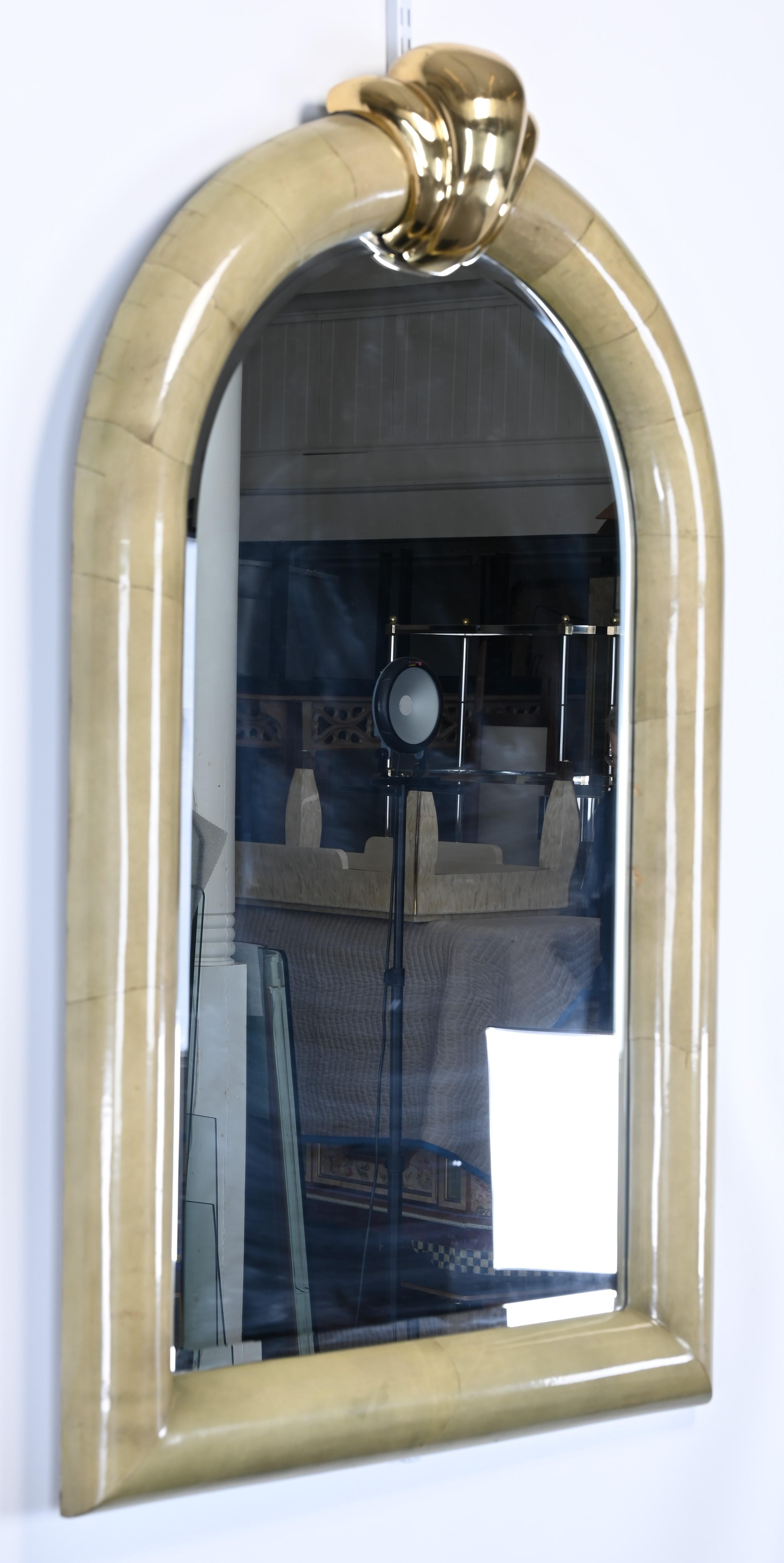 Parchment and Brass Mirror in the Style of Karl Springer, 1980s In Good Condition In Hamburg, PA