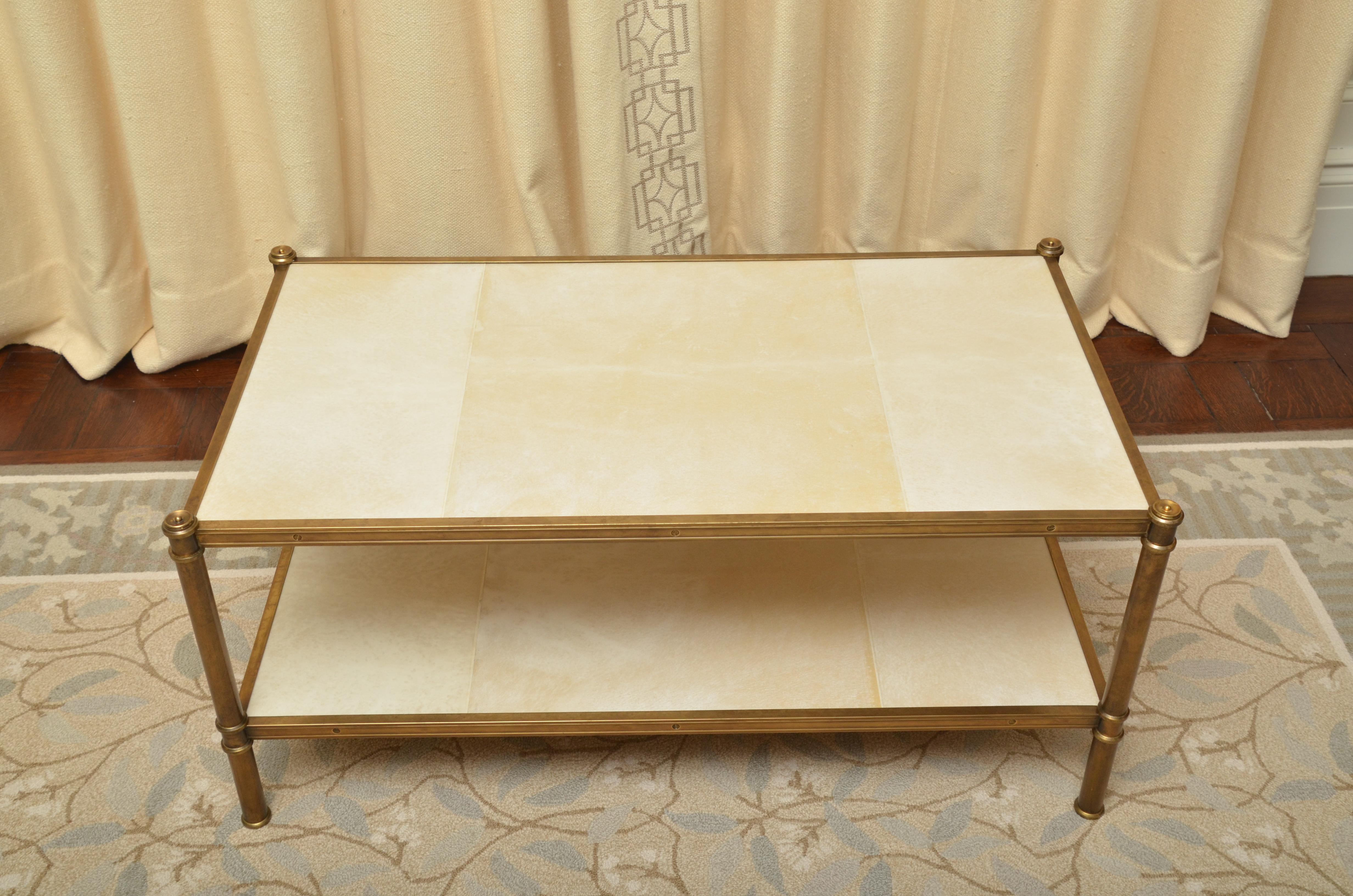 Modern Parchment and Brass Two-Tier Coffee Table