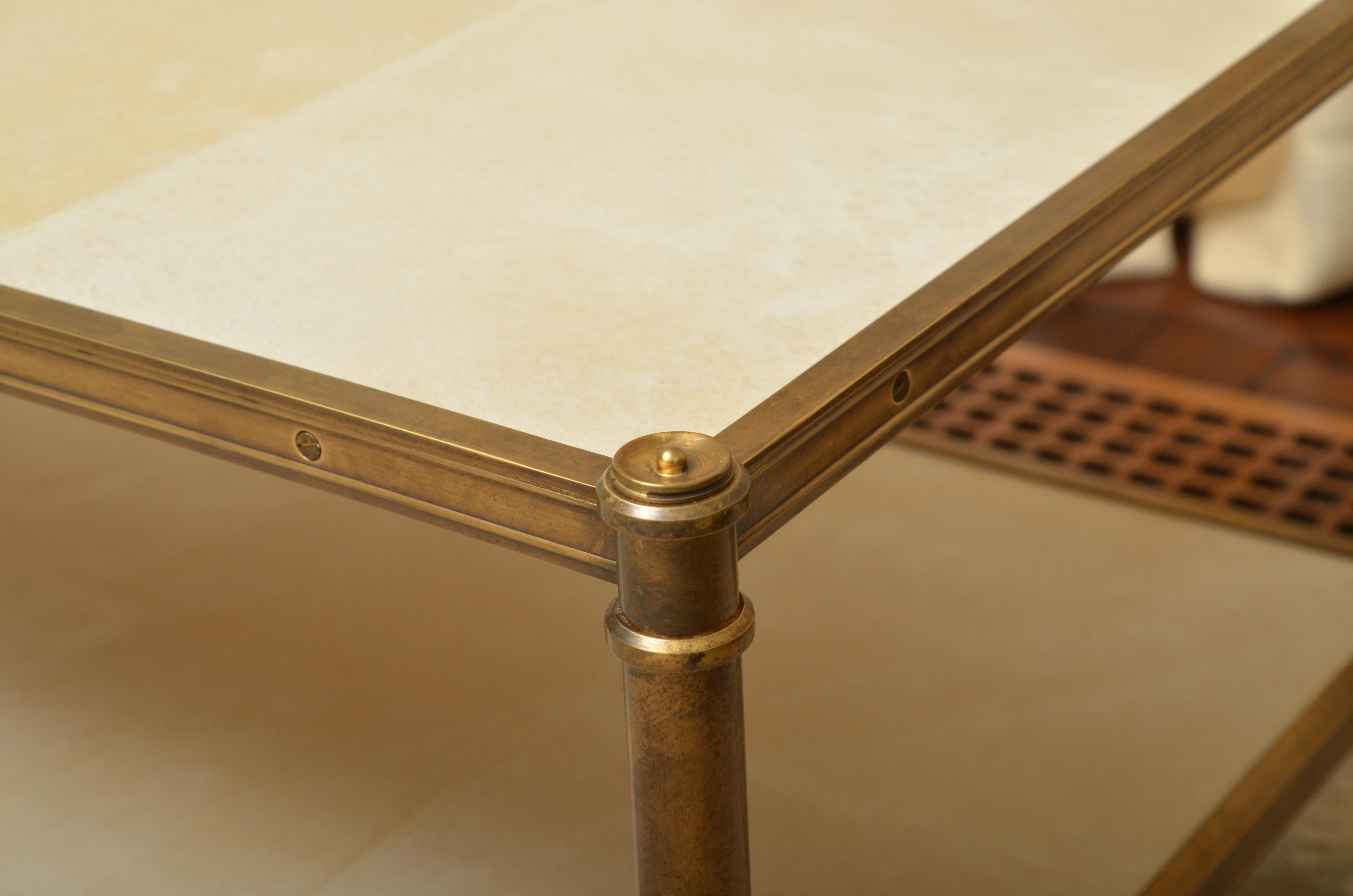 Parchment and Brass Two-Tier Coffee Table In Good Condition In New York, NY