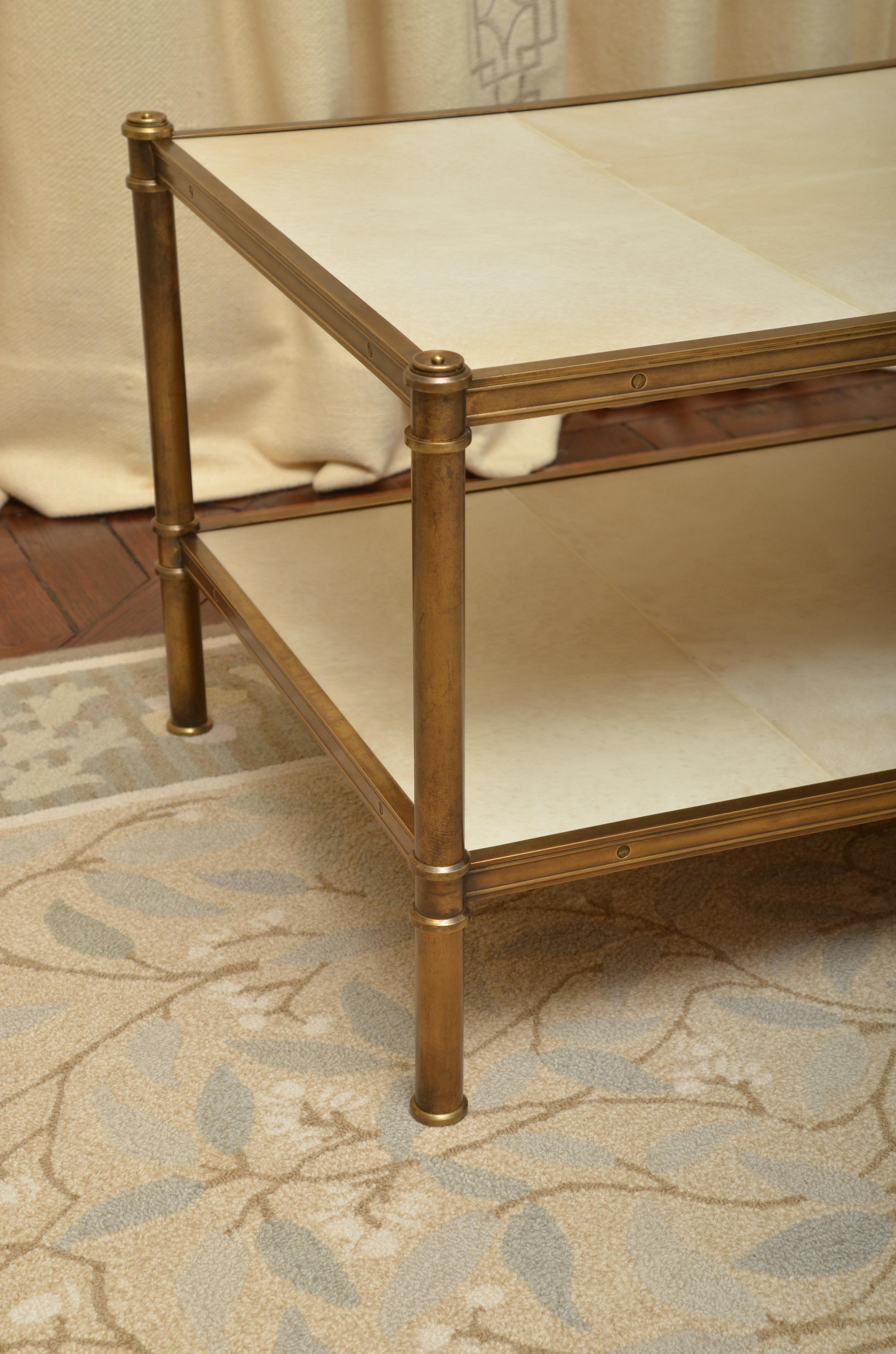 Contemporary Parchment and Brass Two-Tier Coffee Table