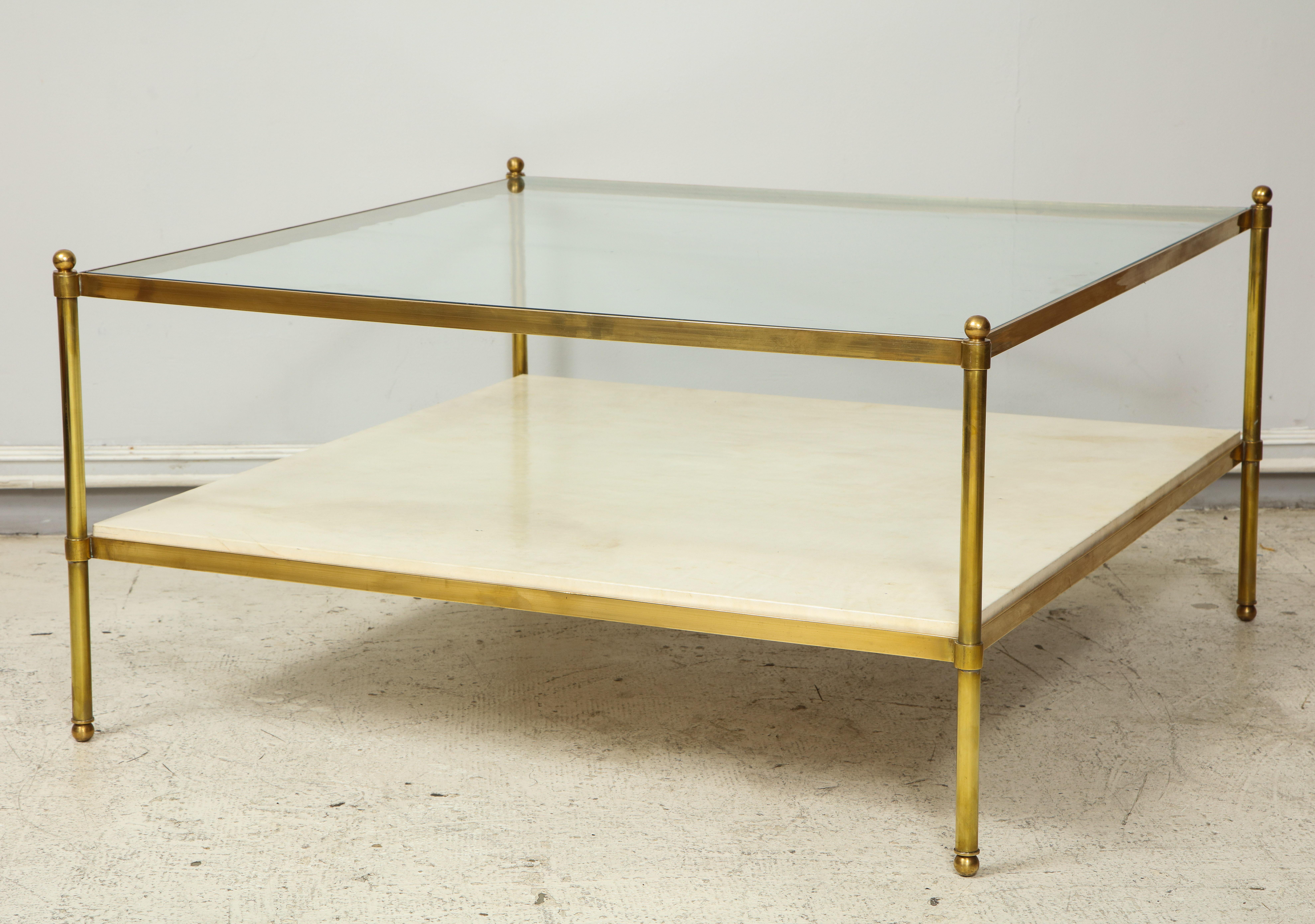 Modern Vintage Parchment and Bronze Coffee Table with Glass Top