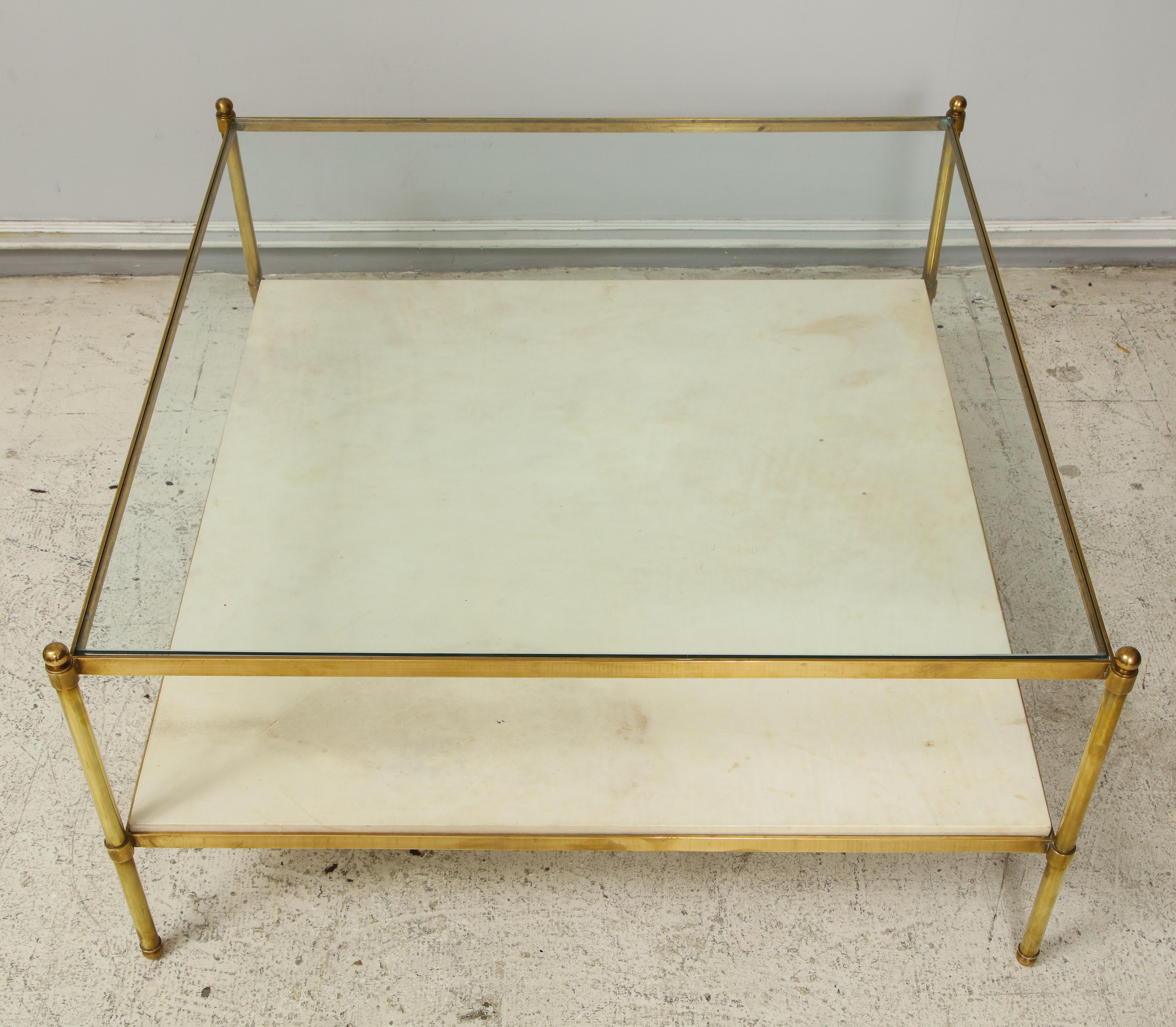 Vintage Parchment and Bronze Coffee Table with Glass Top In Good Condition In New York, NY