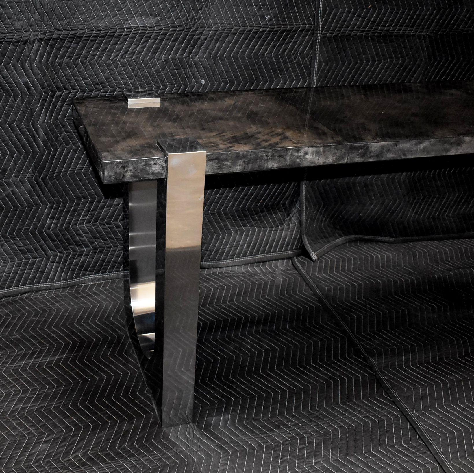 Américain Table Console en Parchemin et Acier Inoxydable à Motif 