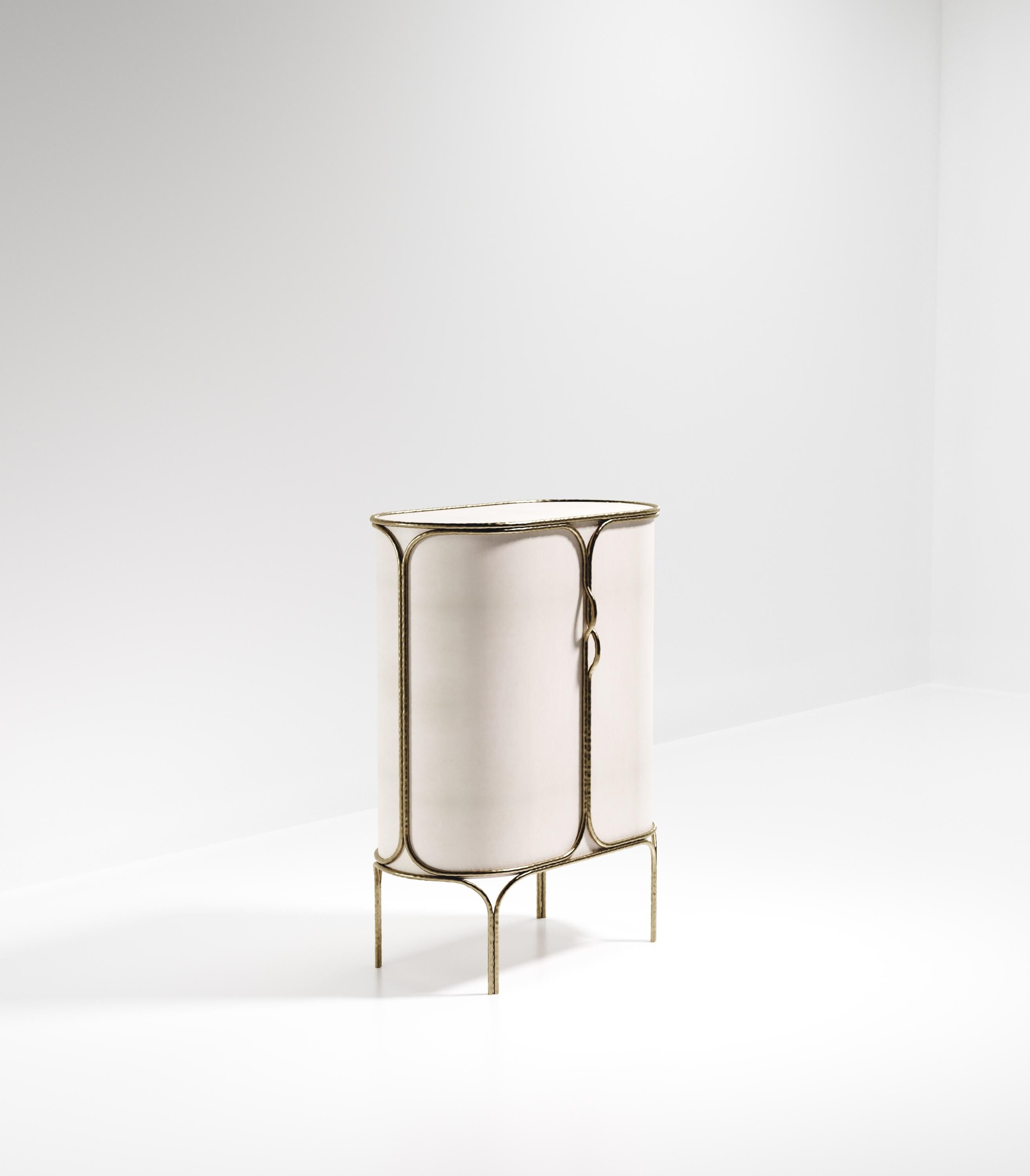 Art Deco Parchment Bar Cabinet with Bronze-Patina Brass Details by R&Y Augousti For Sale