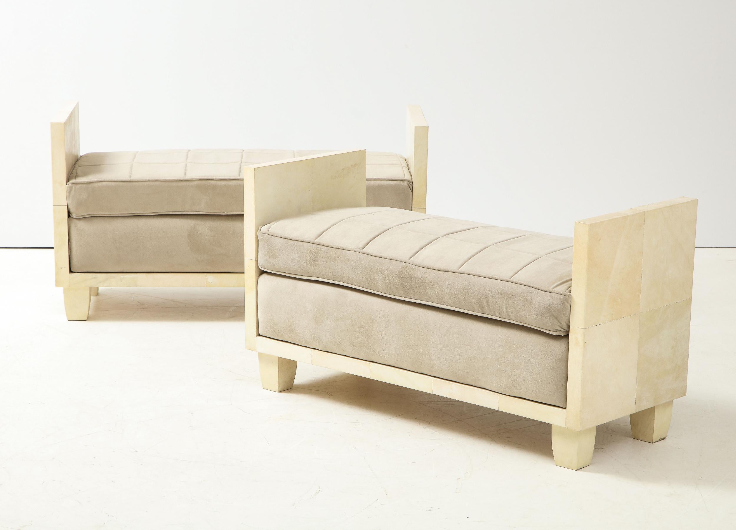 Parchment Benches in the manner of Jean-Michel Frank with brushed velvet upholstery




 
