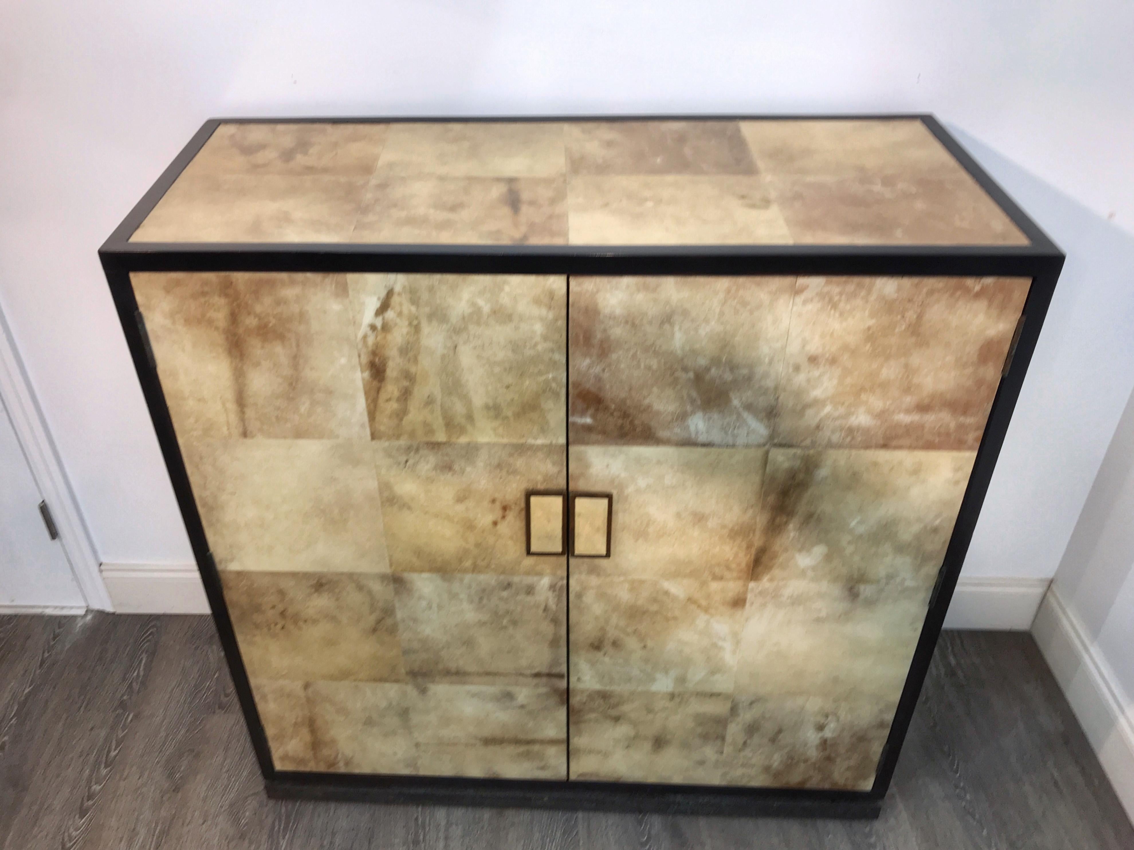 Parchment, Bronze and Ebonized Wood Cabinet after Jean-Michel Frank In Good Condition In West Palm Beach, FL