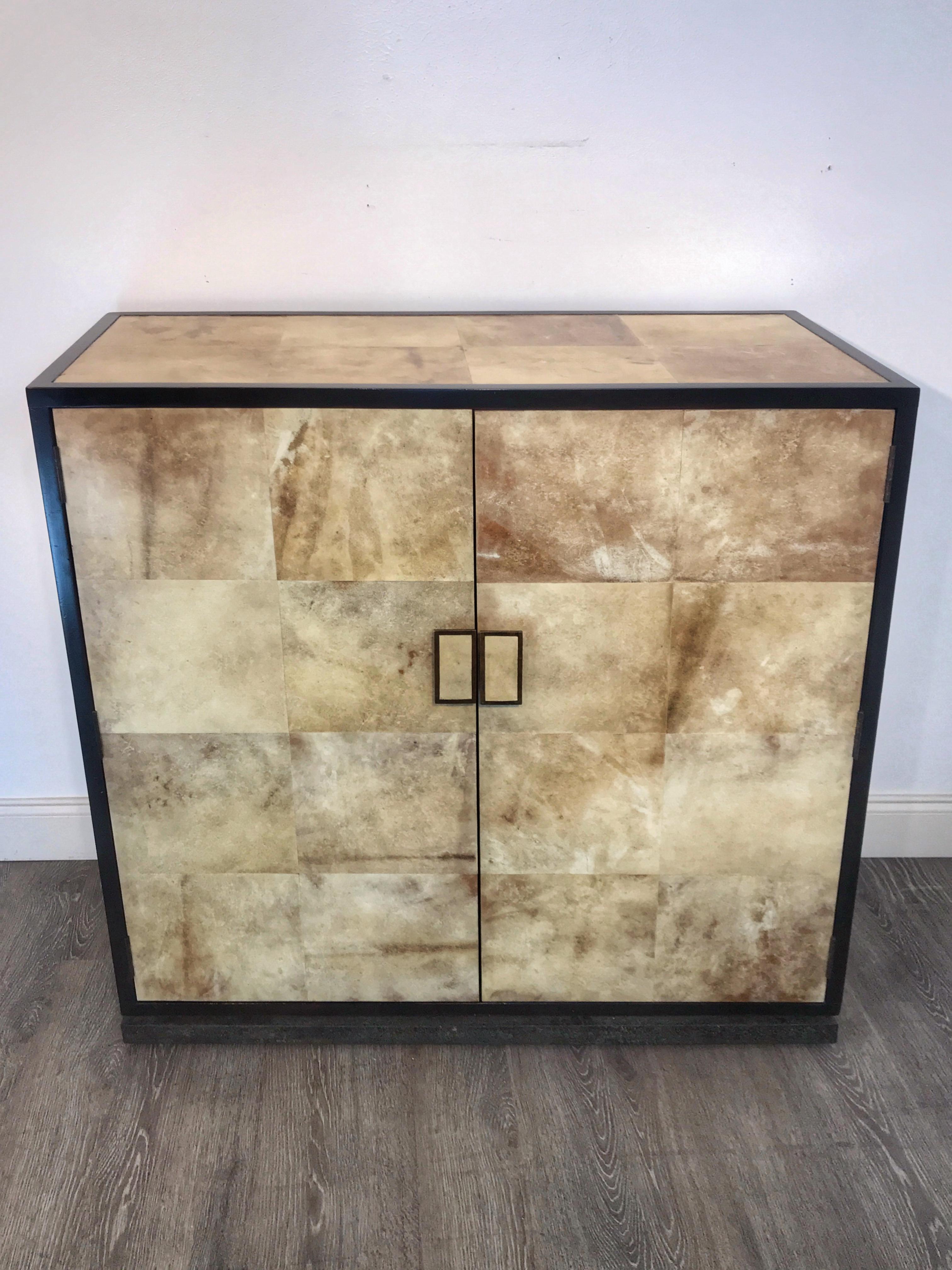 20th Century Parchment, Bronze and Ebonized Wood Cabinet after Jean-Michel Frank