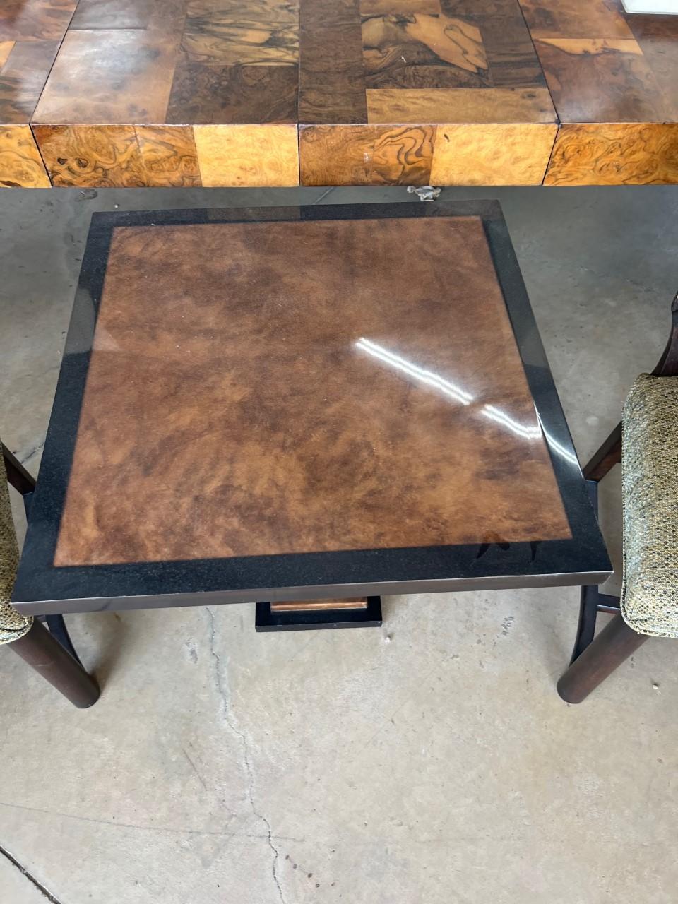 Elegant side table cover with goatskin and brass base

Parchment is natural color finish. 

(High gloss polyester resin filled finish).

Goatskin top coat matte 

Color brown and dark charcoal

Brass finish crystal coated.